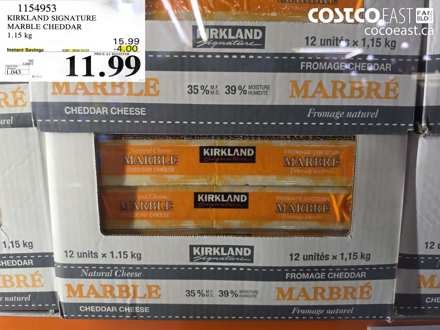 1154953 KIRKLAND SIGNATURE MARBLE CHEDDAR 1.15 KG ($4.00 INSTANT SAVINGS EXPIRES ON 2026-10-25) $11.99