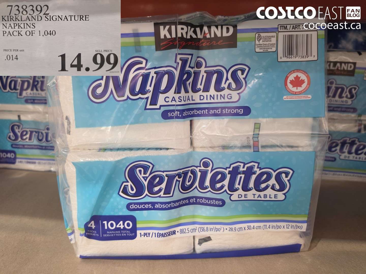 738392 KIRKLAND SIGNATURE NAPKINS PACK OF 1,040 $14.99