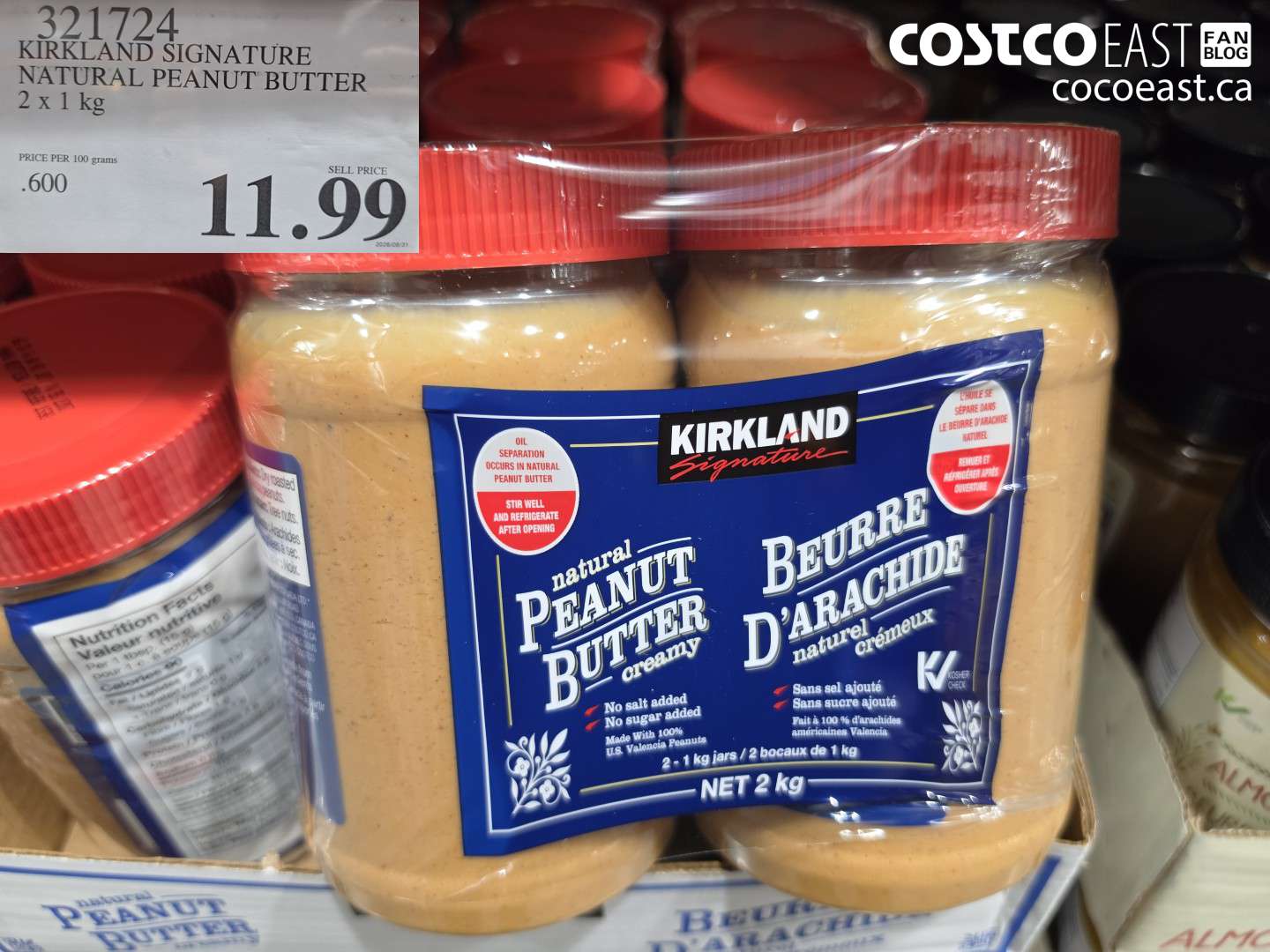 321724 KIRKLAND SIGNATURE NATURAL PEANUT BUTTER 2 X 1 KG $11.99