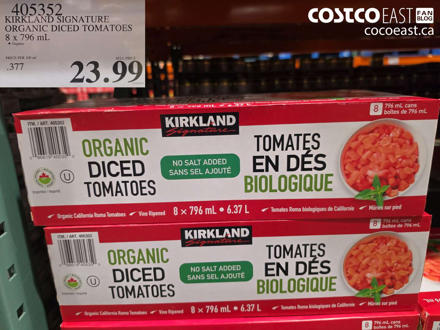 405352 KIRKLAND SIGNATURE ORGANIC DICED TOMATOES 8 X 796 ML $23.99