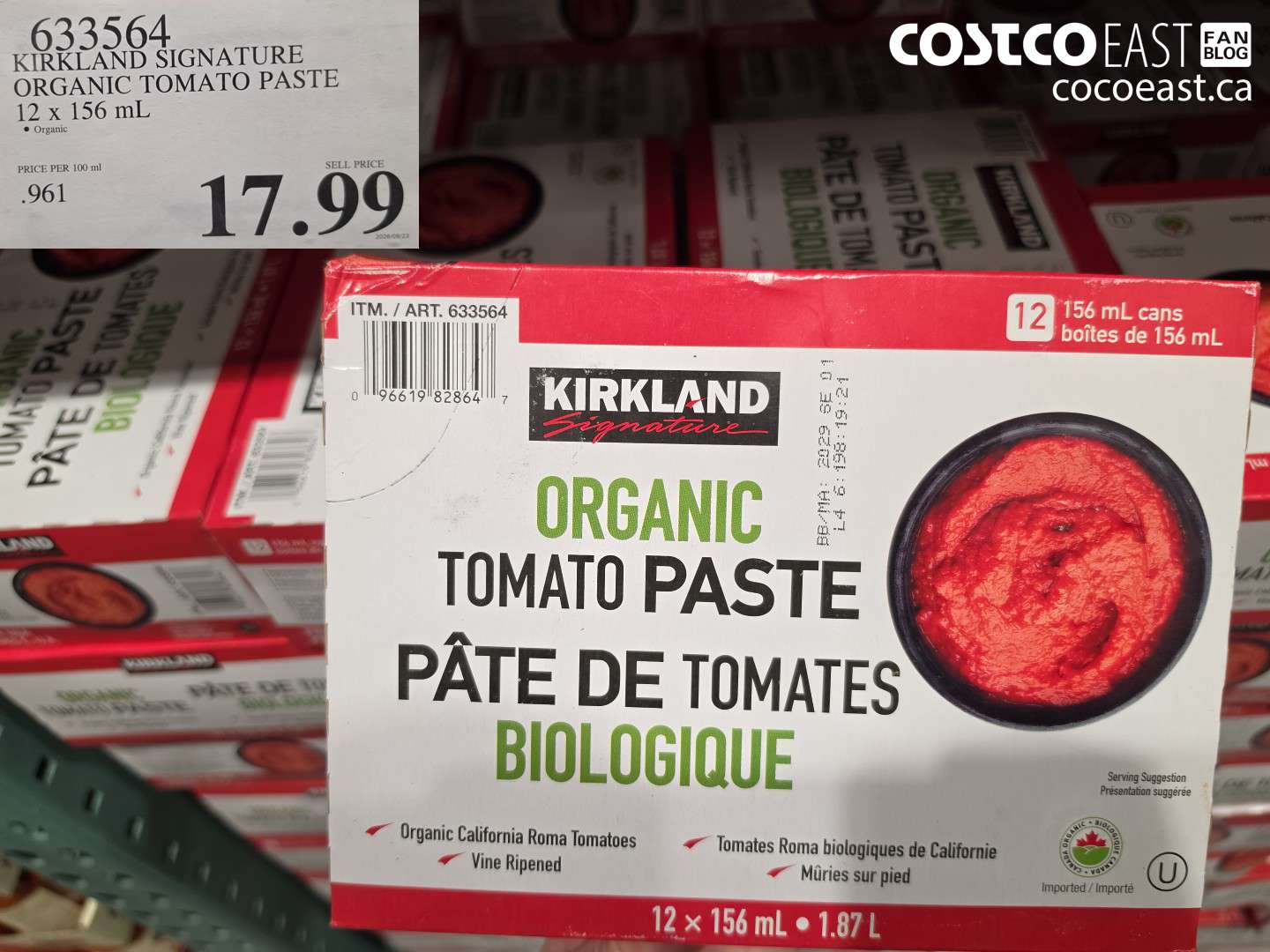 633564 KIRKLAND SIGNATURE ORGANIC TOMATO PASTE 12 X 156 ML $17.99