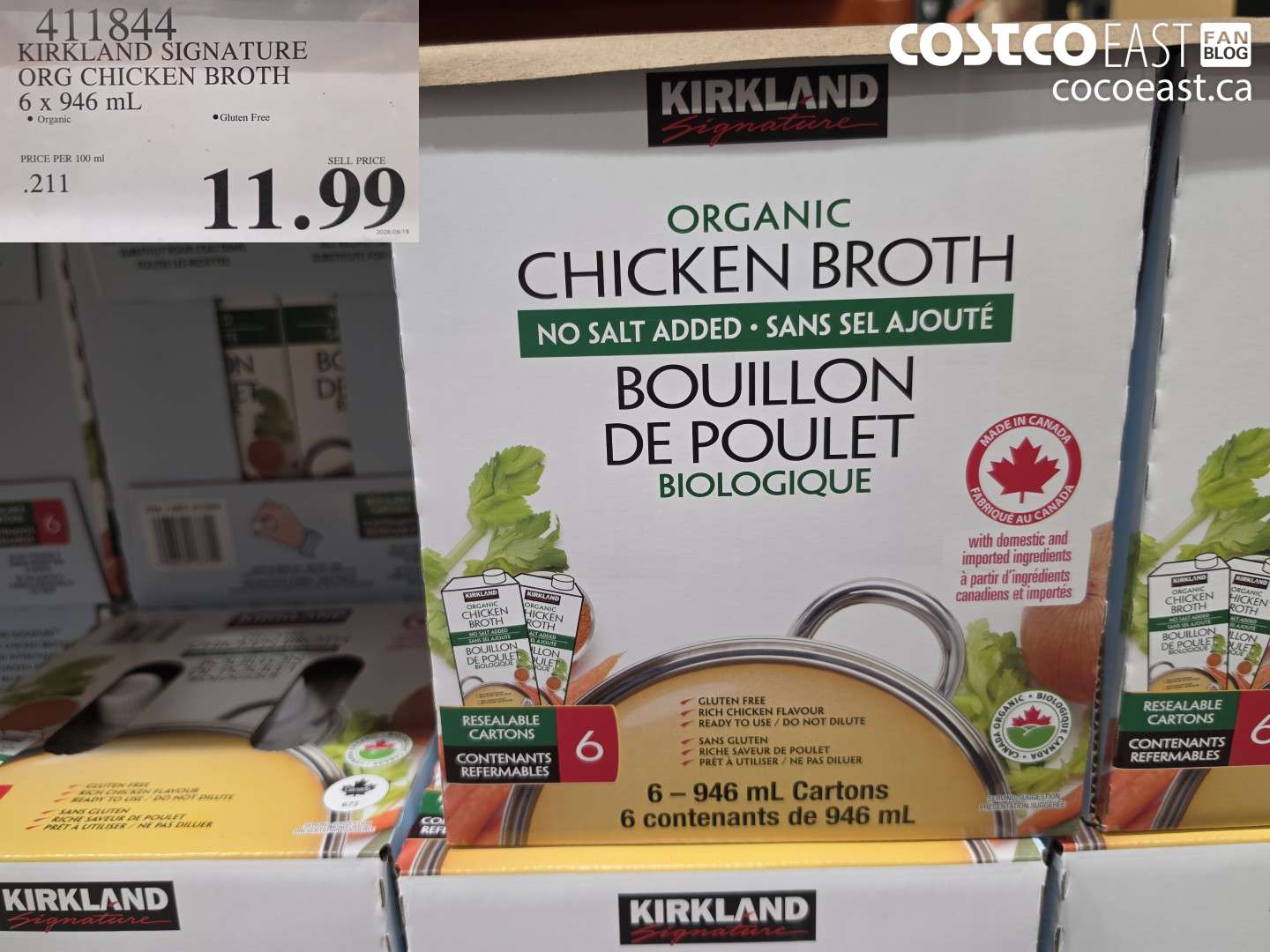 411844 KIRKLAND SIGNATURE ORG CHICKEN BROTH 6 X 946 ML $11.99
