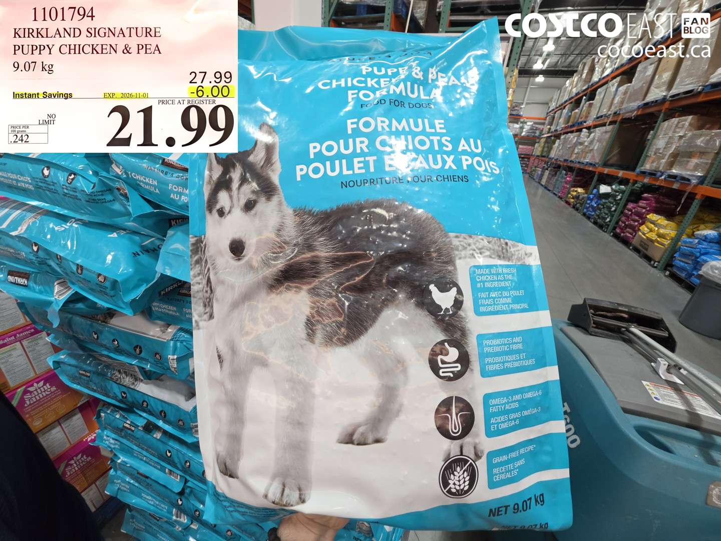 1101794 KIRKLAND SIGNATURE PUPPY CHICKEN & PEA 9.07 KG ($6.00 INSTANT SAVINGS EXPIRES ON 2026-11-01) $21.99