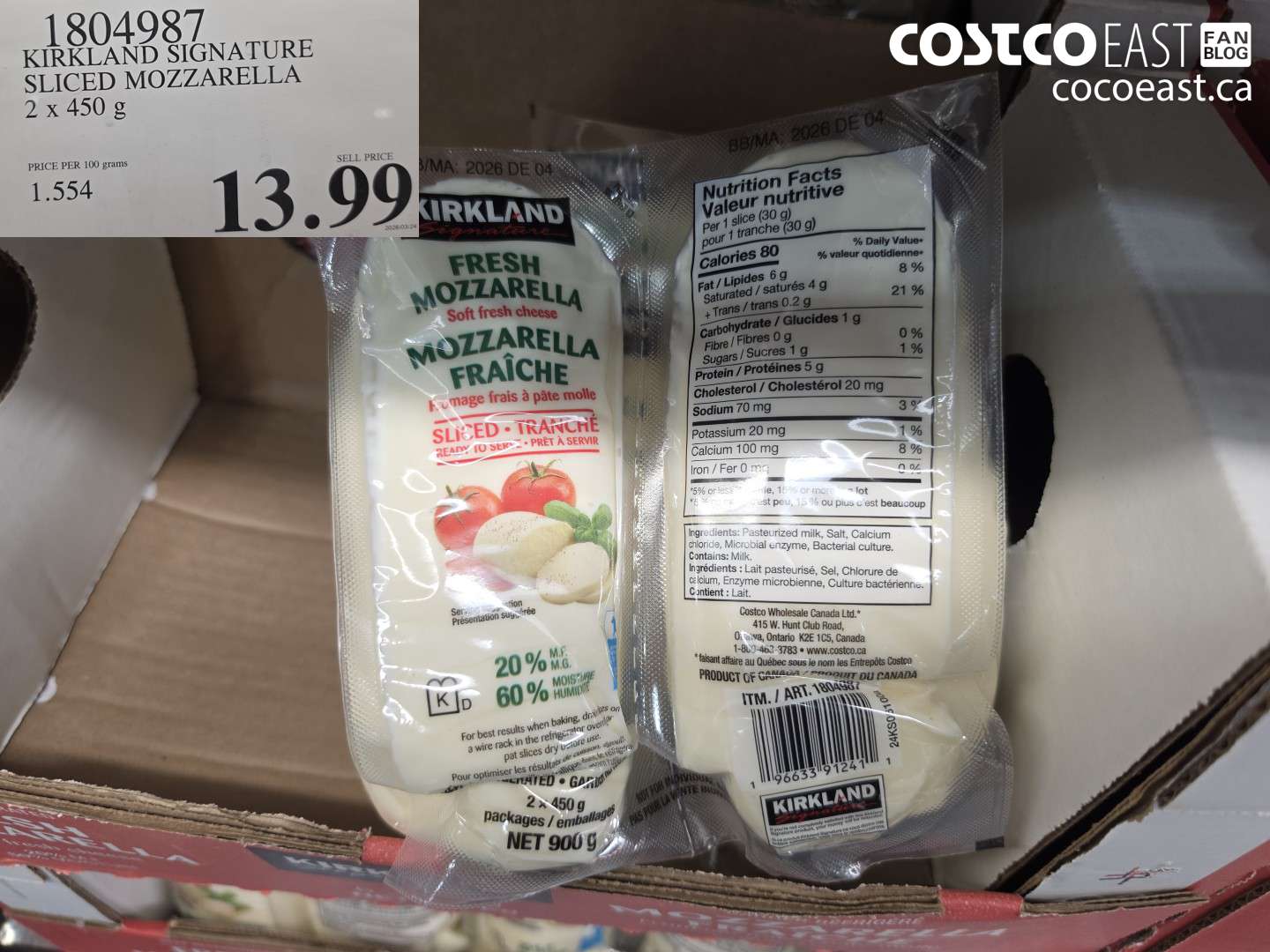 1804987 KIRKLAND SIGNATURE SLICED MOZZARELLA 2 X 450 G $13.99