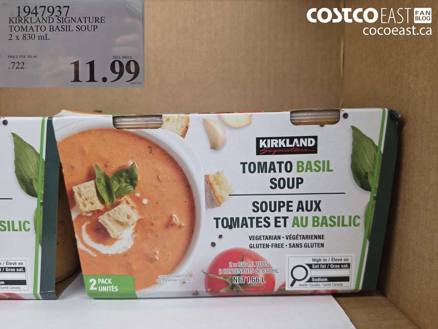 1947937 KIRKLAND SIGNATURE TOMATO BASIL SOUP 2 X 830 ML $11.99