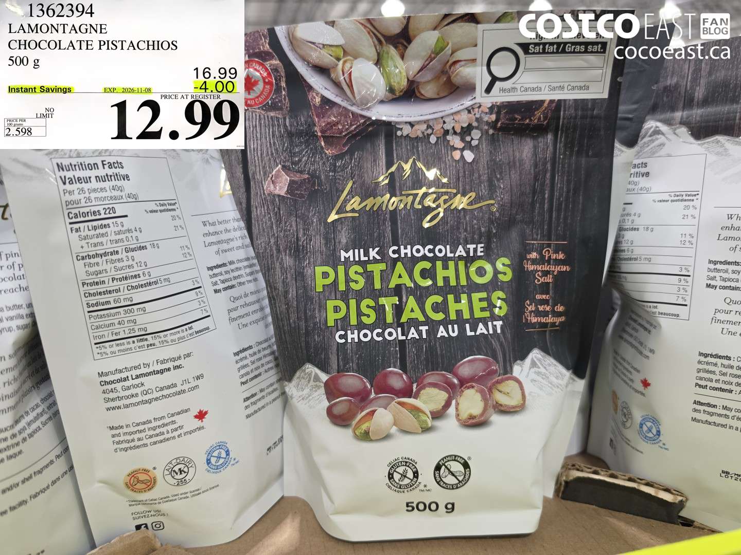 1362394 LAMONTAGNE CHOCOLATE PISTACHIOS 500 G ($4.00 INSTANT SAVINGS EXPIRES ON 2026-11-08) $12.99