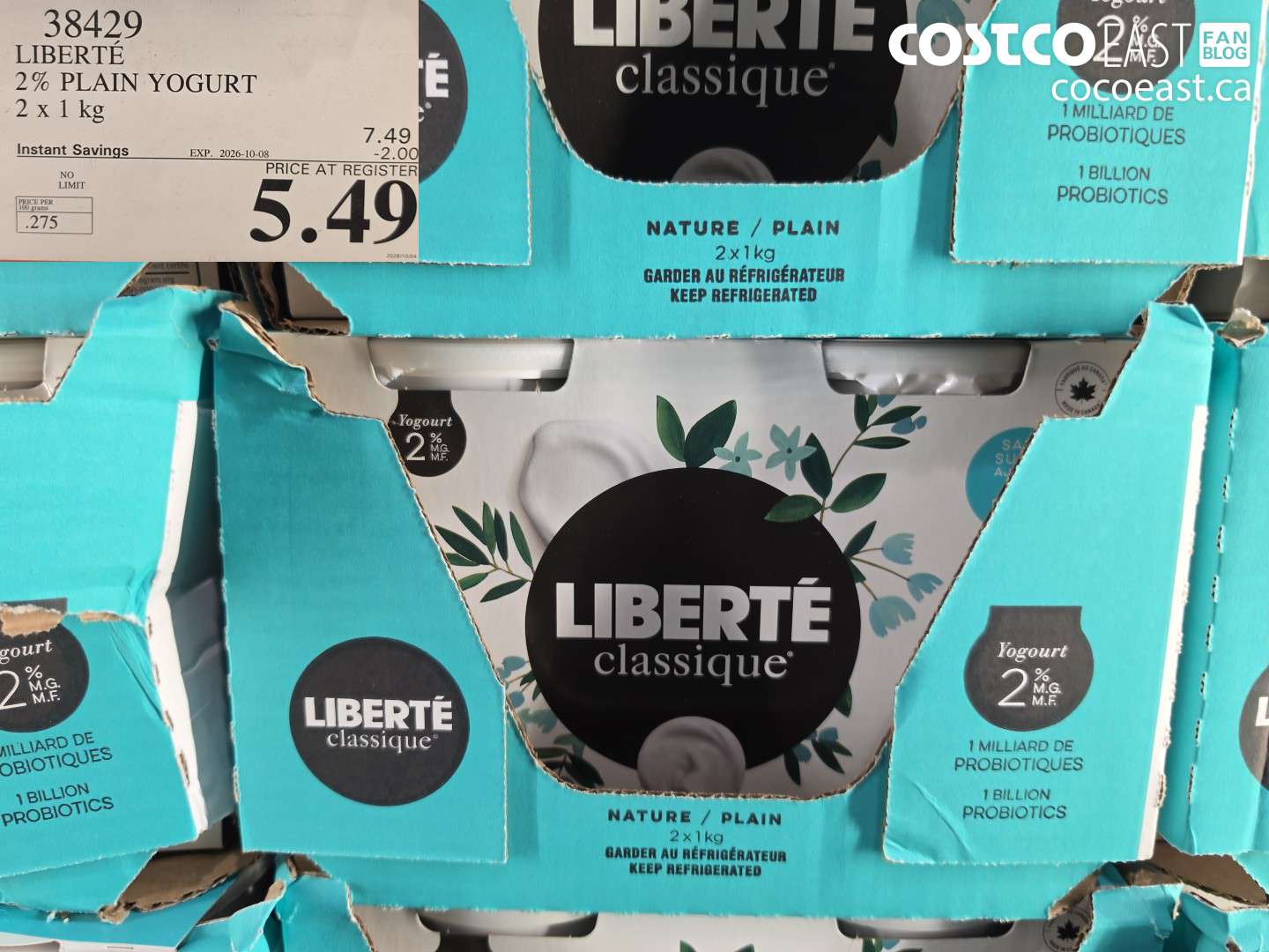 38429 LIBERTÉ 2% PLAIN YOGURT 2 X 1 KG ($2.00 INSTANT SAVINGS EXPIRES ON 2026-10-08) $5.49