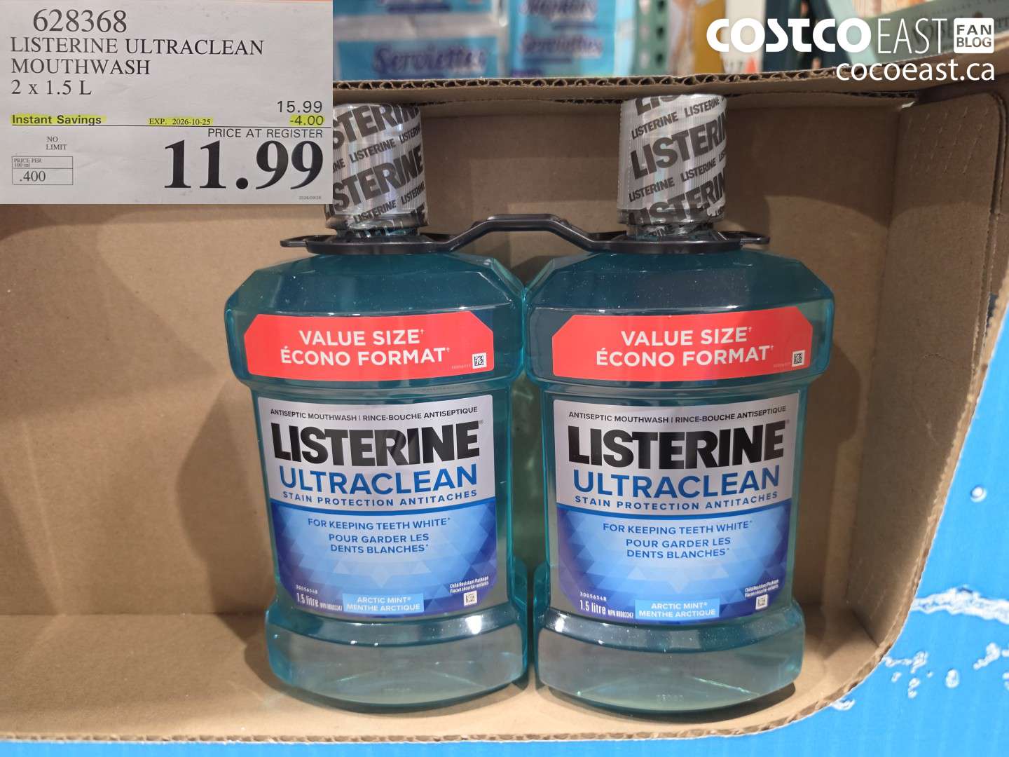 628368 LISTERINE ULTRACLEAN MOUTHWASH 2 X 1.5 L ($4.00 INSTANT SAVINGS EXPIRES ON 2026-10-25) $11.99