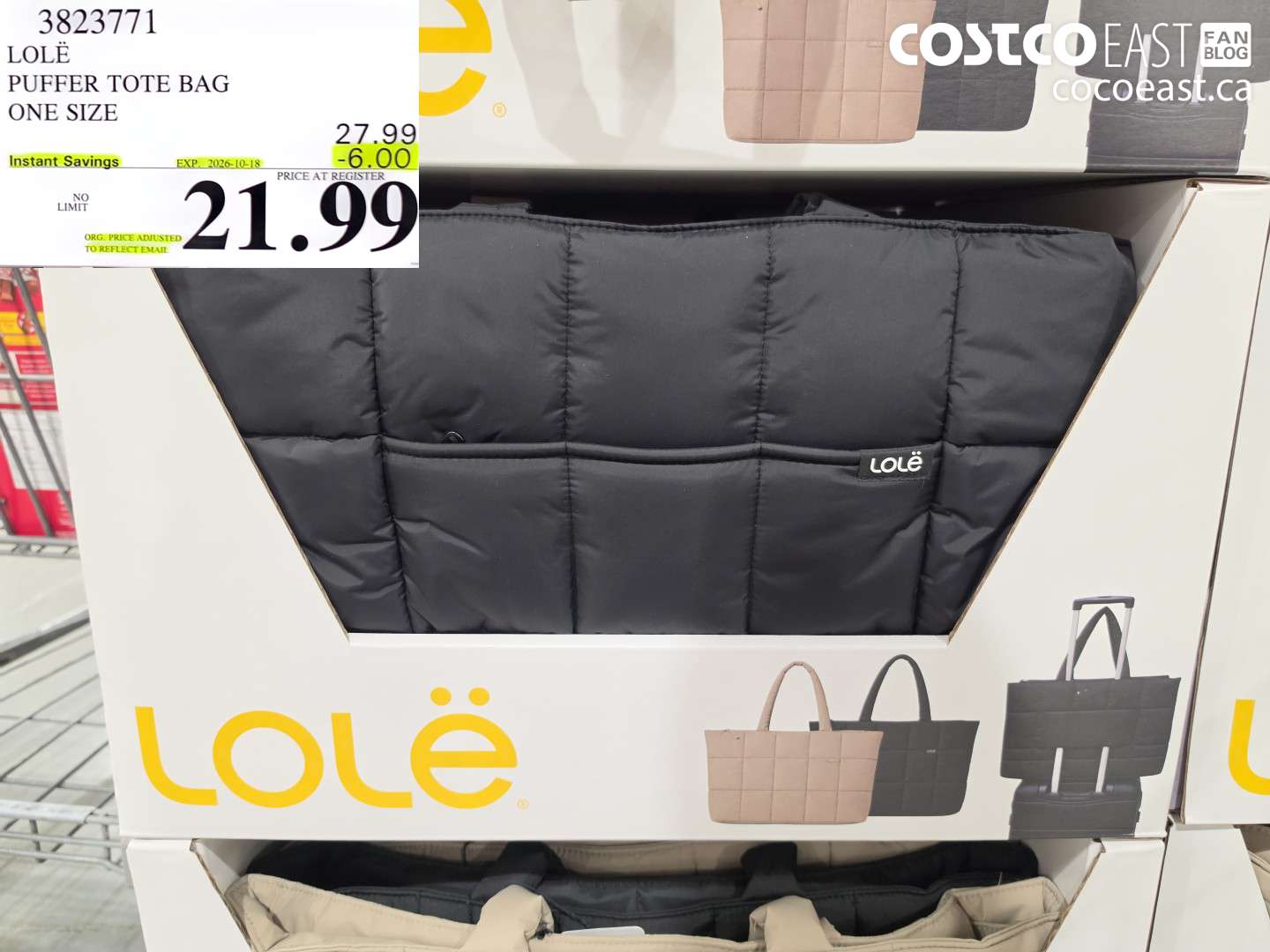 3823771 LOLË PUFFER TOTE BAG ONE SIZE ($6.00 INSTANT SAVINGS EXPIRES ON 2026-10-18) $21.99