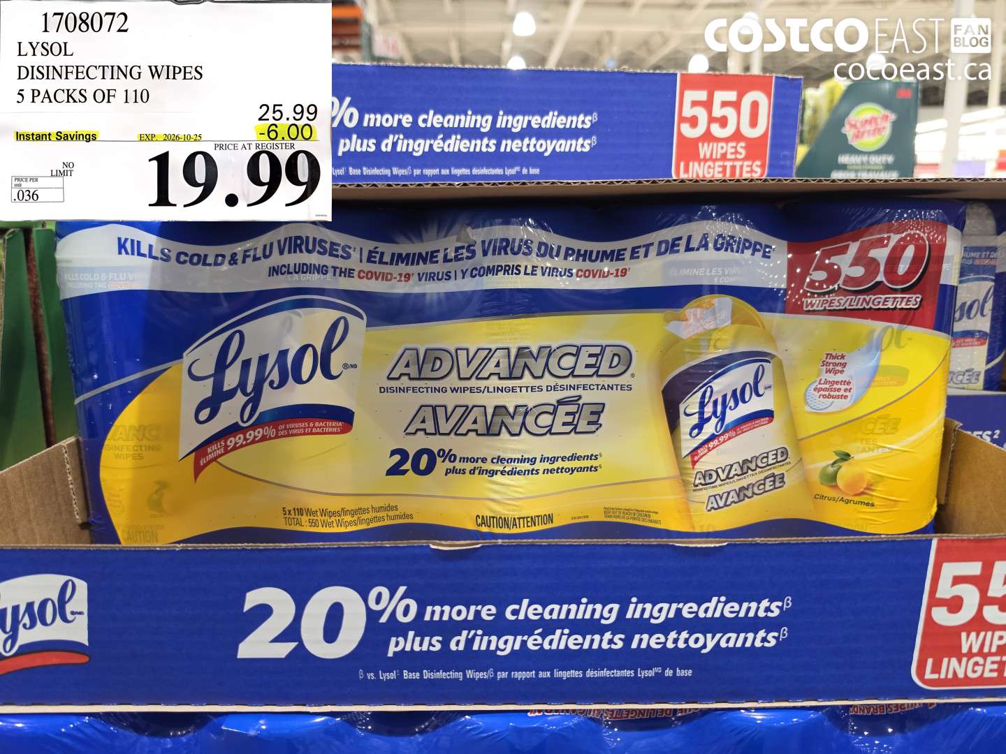 1708072 LYSOL DISINFECTING WIPES 5 PACKS OF 110 ($6.00 INSTANT SAVINGS EXPIRES ON 2026-10-25) $19.99