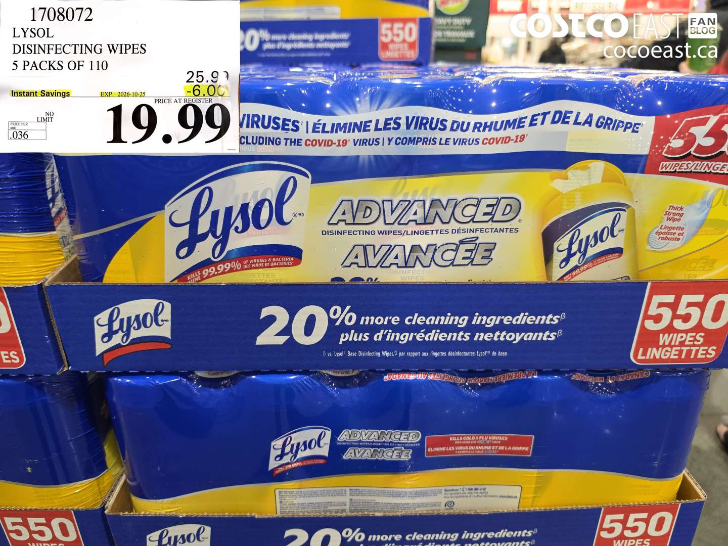 1708072 LYSOL DISINFECTING WIPES 5 PACKS OF 110 ($6.00 INSTANT SAVINGS EXPIRES ON 2026-10-25) $19.99