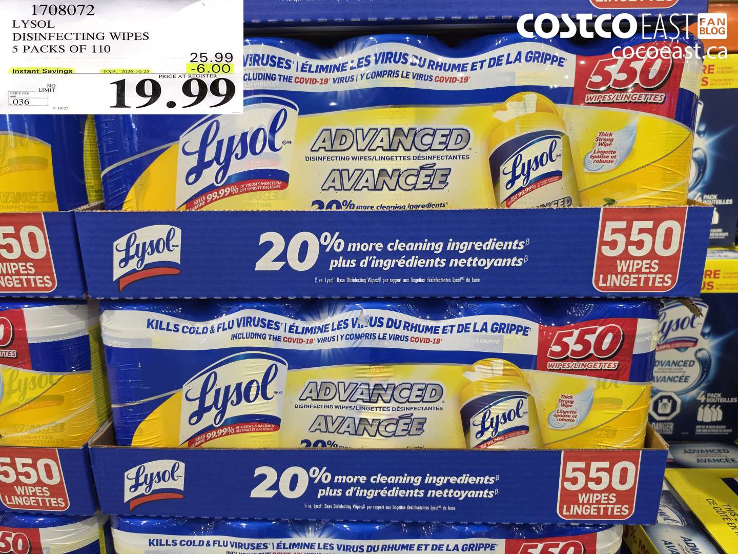 1708072 LYSOL DISINFECTING WIPES 5 PACKS OF 110 ($6.00 INSTANT SAVINGS EXPIRES ON 2026-10-25) $19.99
