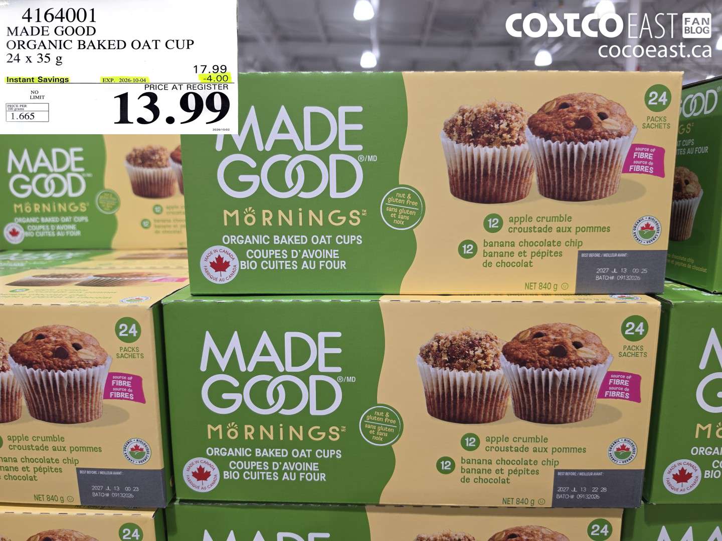 4164001 MADE GOOD ORGANIC BAKED OAT CUP 24 X 35 G ($4.00 INSTANT SAVINGS EXPIRES ON 2026-10-04) $13.99