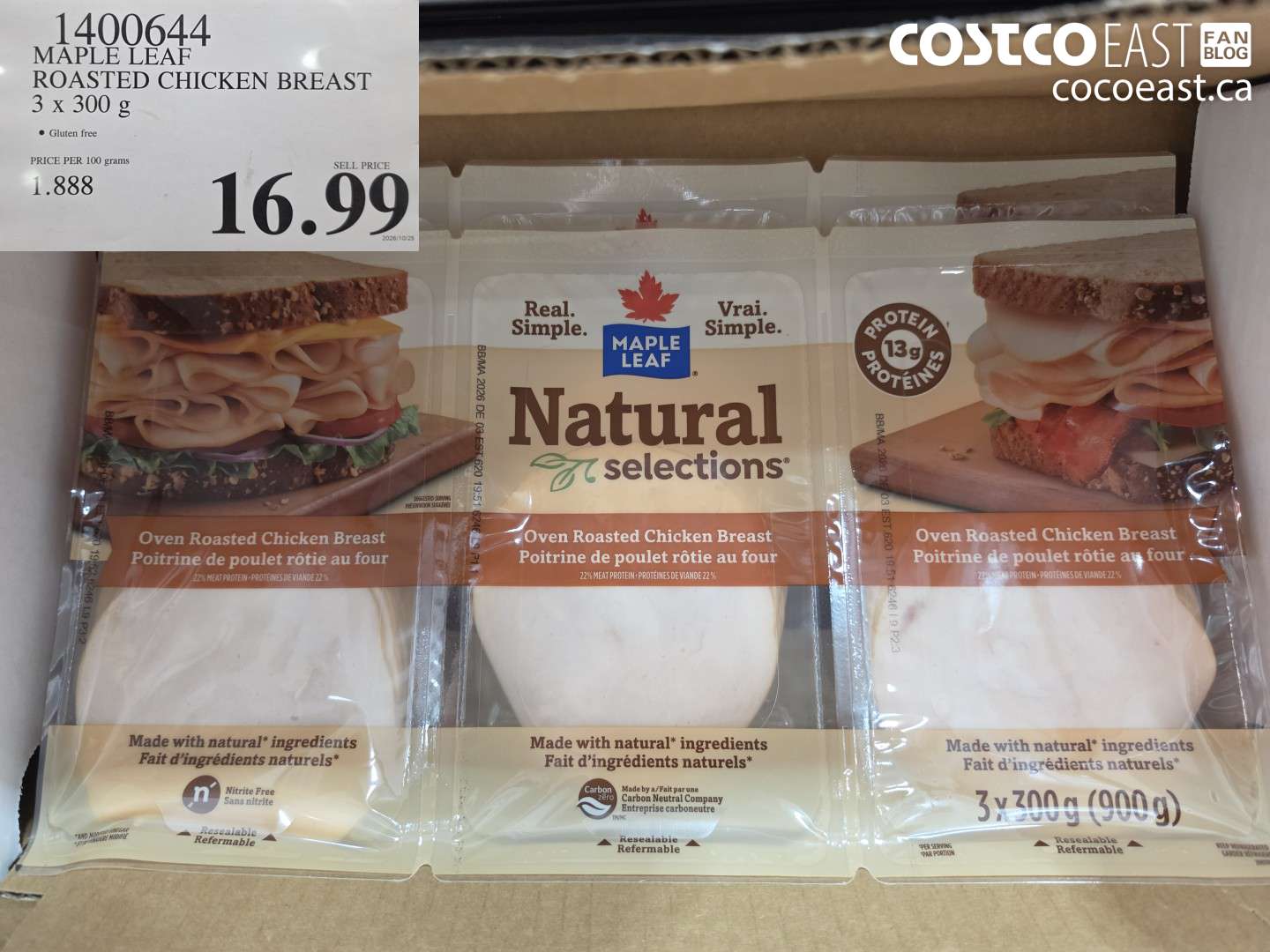 1400644 MAPLE LEAF ROASTED CHICKEN BREAST 3 X 300 G $16.99