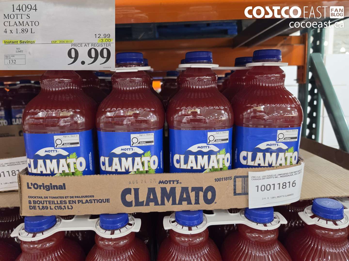 14094 MOTT'S CLAMATO 4 X 1.89 L ($3.00 INSTANT SAVINGS EXPIRES ON 2026-10-11) $9.99