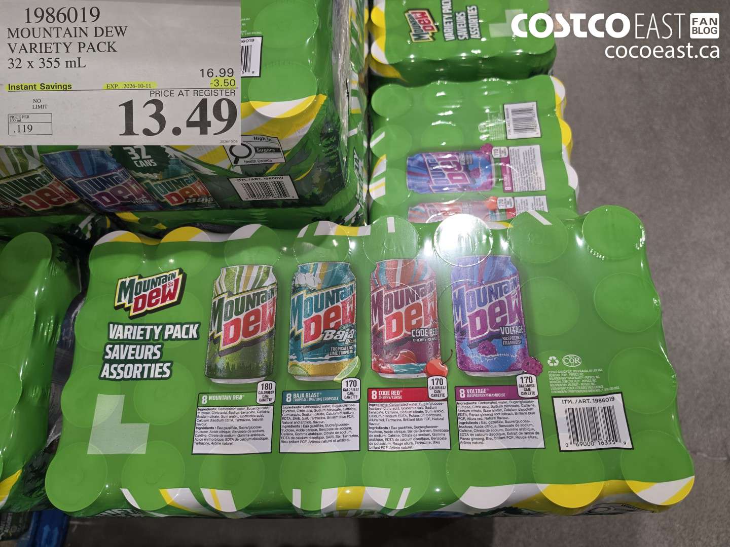1986019 MOUNTAIN DEW VARIETY PACK 32 X 355 ML ($3.50 INSTANT SAVINGS EXPIRES ON 2026-10-11) $13.49
