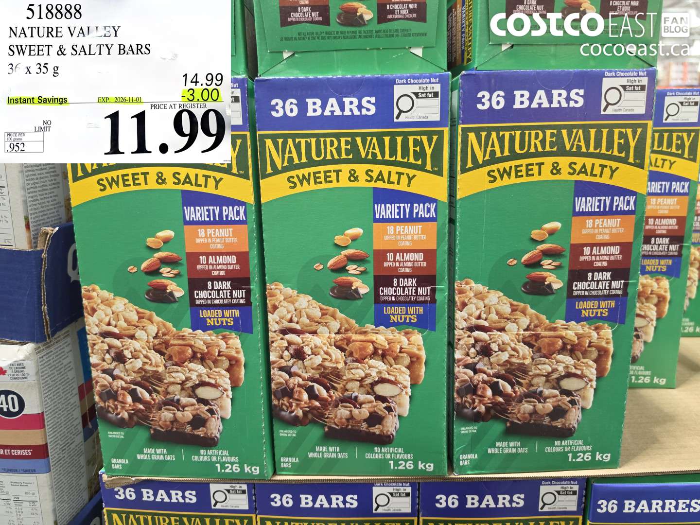 518888 NATURE VALLEY SWEET & SALTY BARS 36 X 35 G ($3.00 INSTANT SAVINGS EXPIRES ON 2026-11-01) $11.99