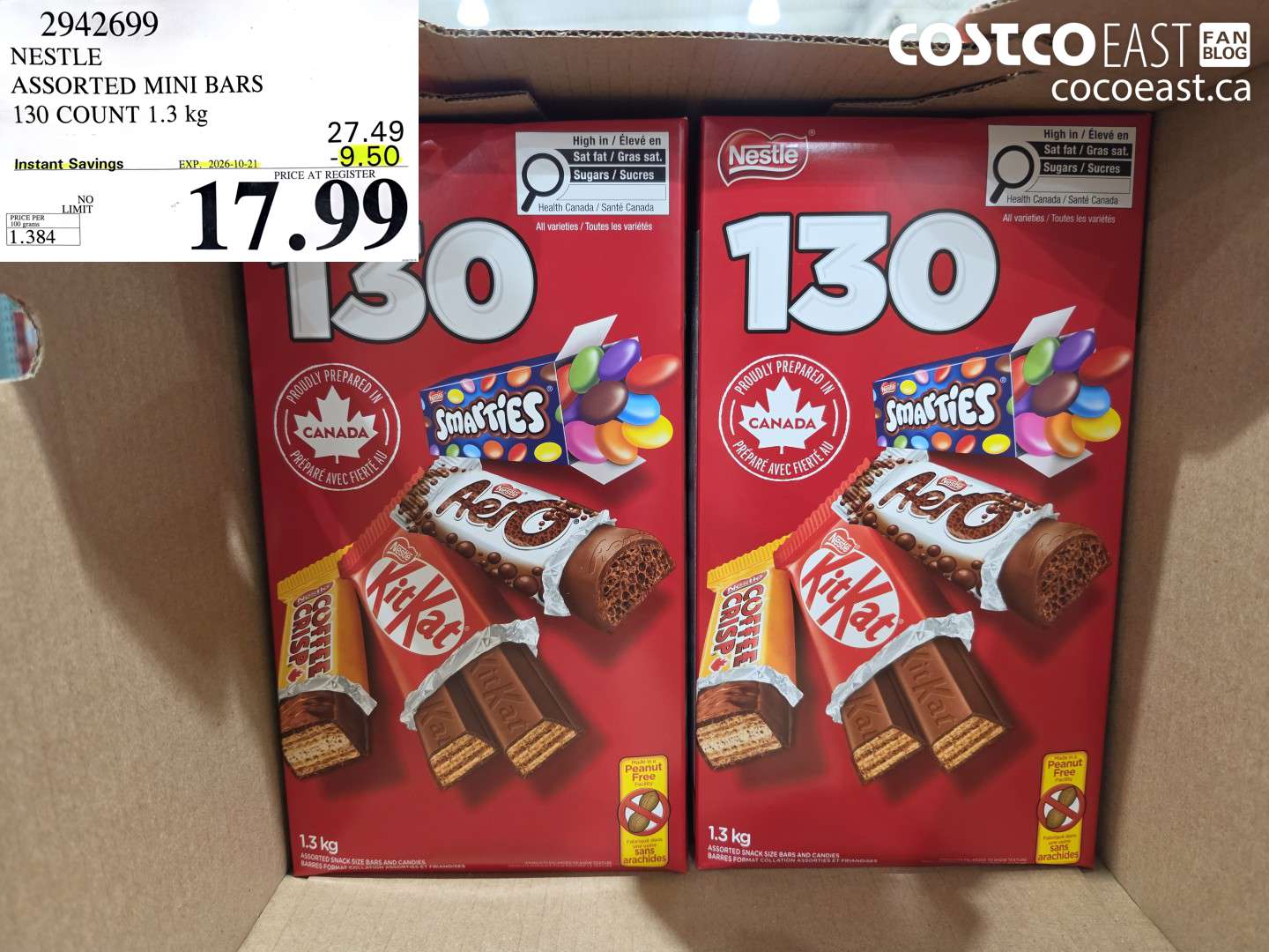 2942699 NESTLE ASSORTED MINI BARS 130 COUNT 1.3 KG ($9.50 INSTANT SAVINGS EXPIRES ON 2026-10-21) $17.99