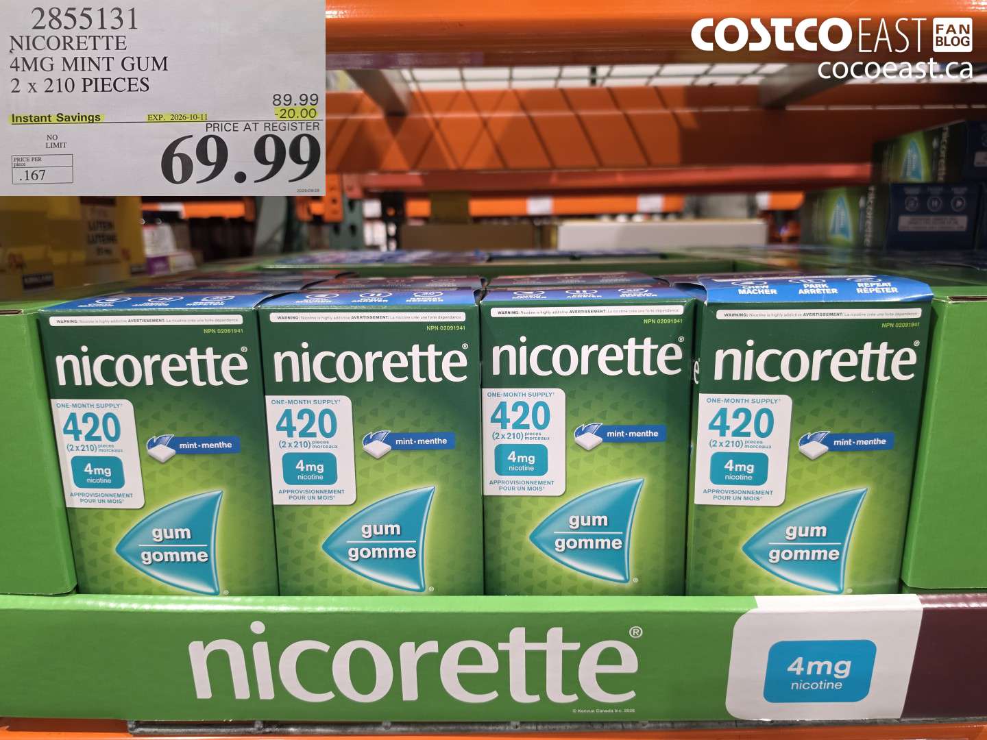 2855131 NICORETTE 4MG MINT GUM 2 X 210 PIECES ($20.00 INSTANT SAVINGS EXPIRES ON 2026-10-11) $69.99