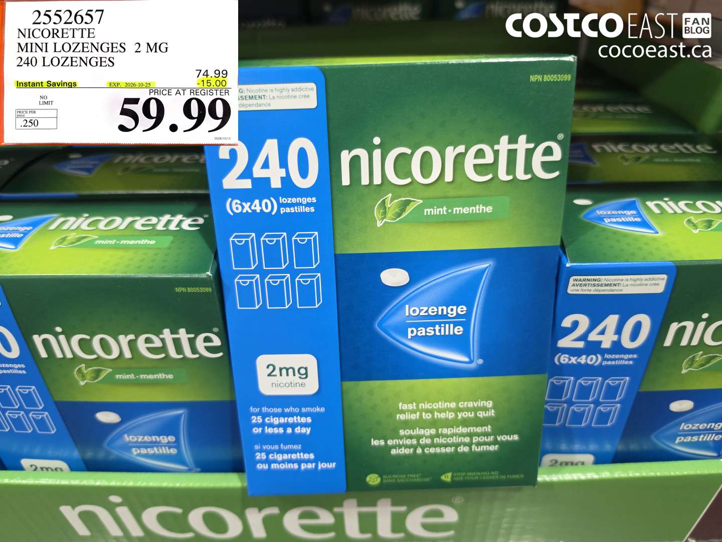 2552657 NICORETTE MINI LOZENGES 2 MG 240 LOZENGES ($15.00 INSTANT SAVINGS EXPIRES ON 2026-10-25) $59.99