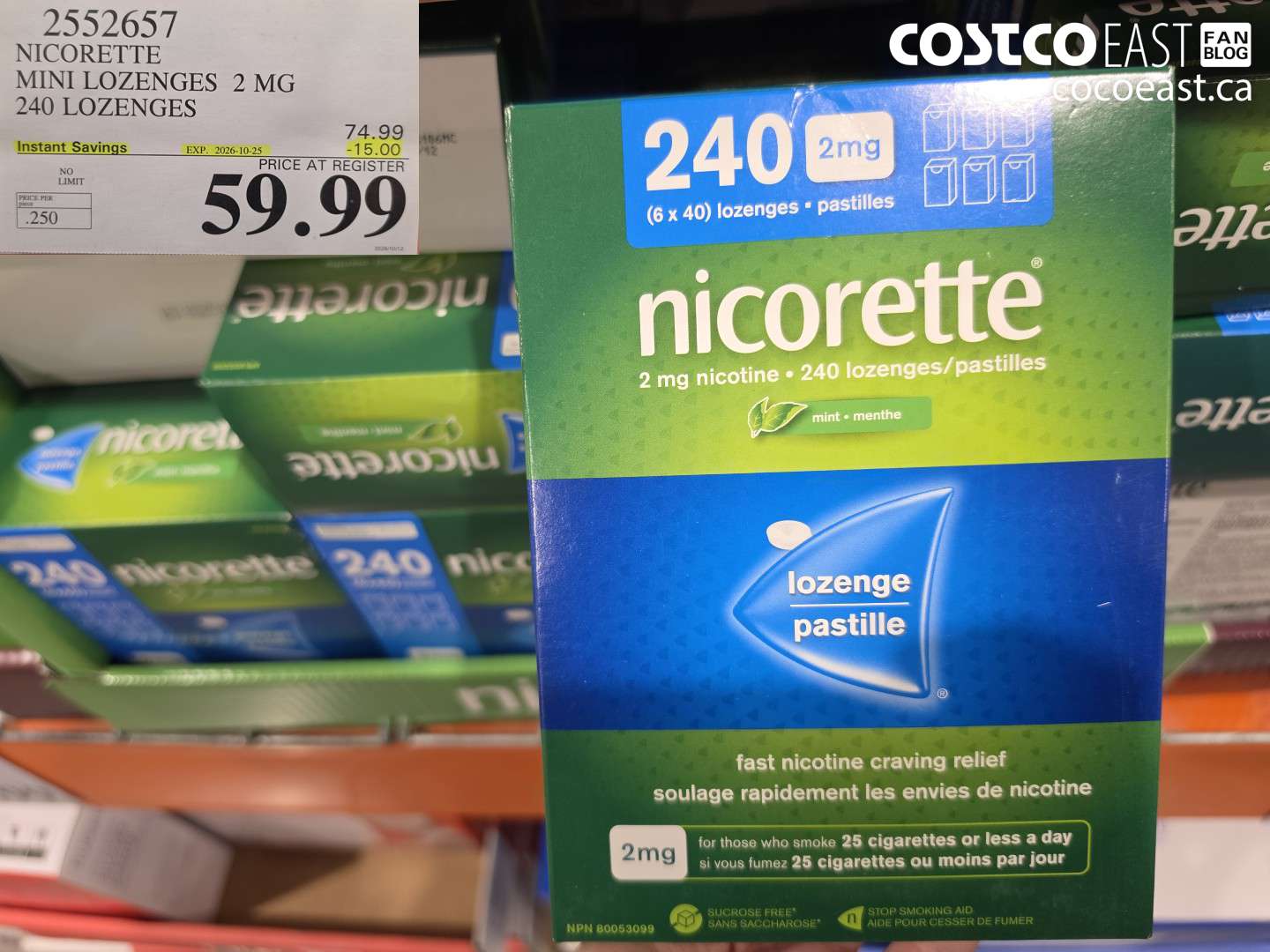 2552657 NICORETTE MINT LOZENGES 2 MG 240 LOZENGES ($15.00 INSTANT SAVINGS EXPIRES ON 2026-10-25) $59.99