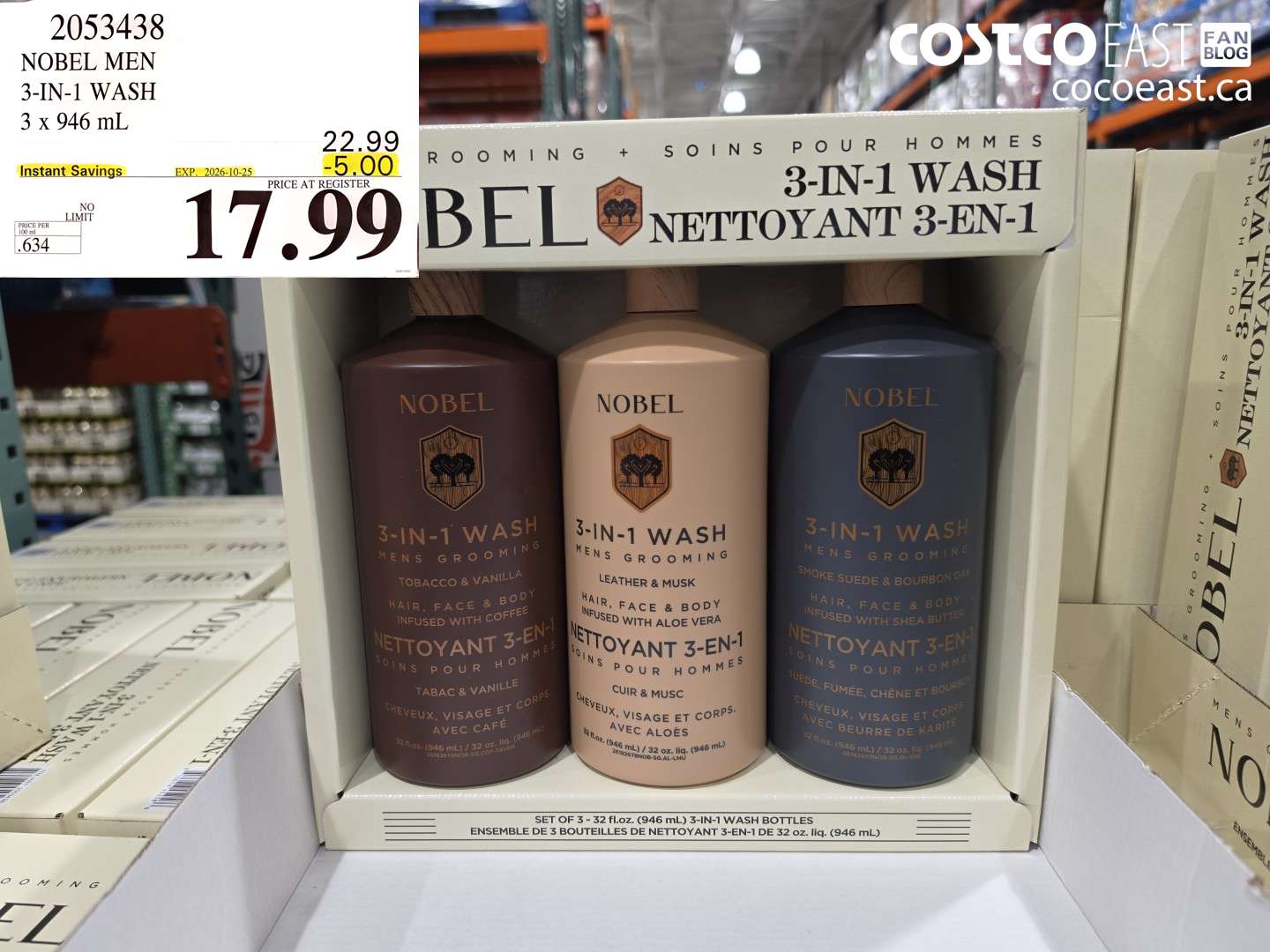 2053438 NOBEL MEN 3-IN-1 WASH 3 X 946 ML ($5.00 INSTANT SAVINGS EXPIRES ON 2026-10-25) $17.99