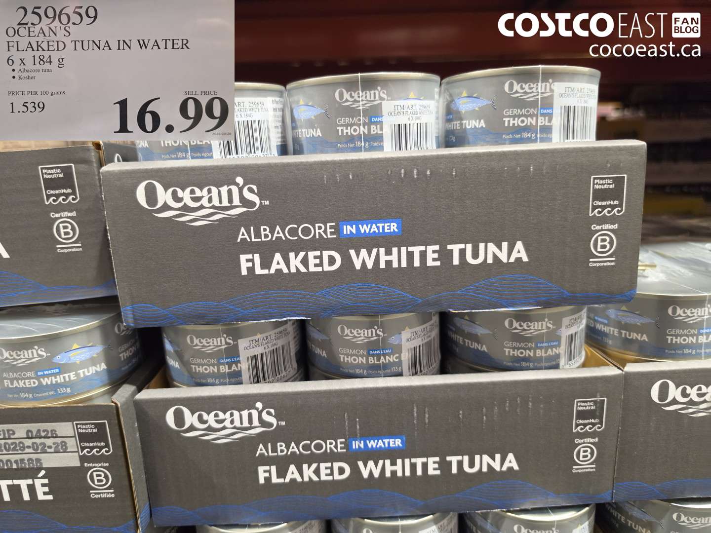 259659 OCEAN'S FLAKED TUNA IN WATER 6 X 184 G $16.99
