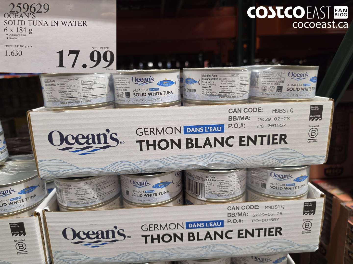259629 OCEAN'S SOLID TUNA IN WATER 6 X 184 G $17.99