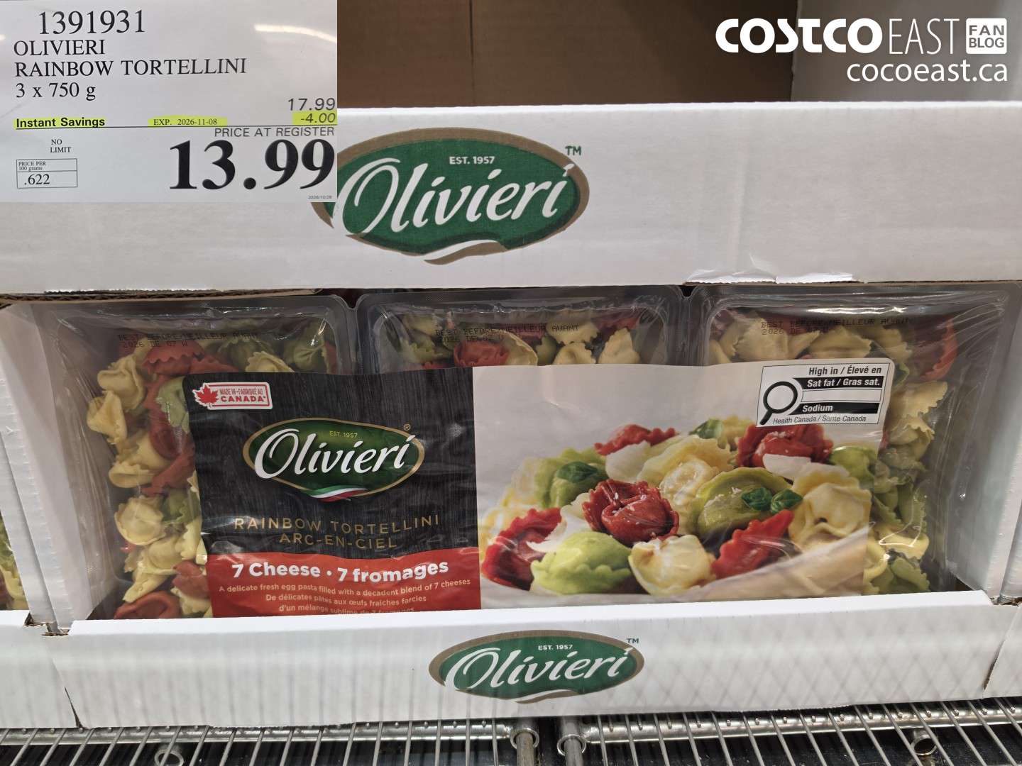 1391931 OLIVIERI RAINBOW TORTELLINI 3 X 750 G ($4.00 INSTANT SAVINGS EXPIRES ON 2026-11-08) $13.99
