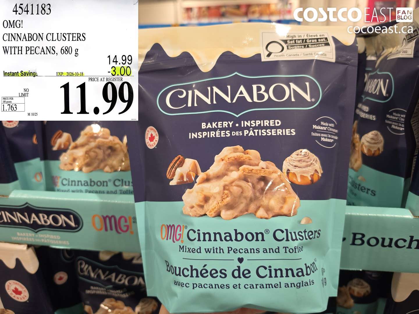 4541183 OMG! CINNABON CLUSTERS WITH PECANS, 680 G ($3.00 INSTANT SAVINGS EXPIRES ON 2026-10-18) $11.99