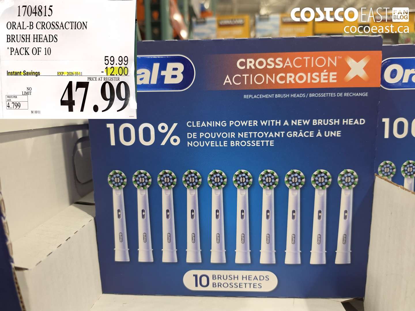 1704815 ORAL-B CROSSACTION BRUSH HEADS PACK OF 10 ($12.00 INSTANT SAVINGS EXPIRES ON 2026-10-11) $47.99