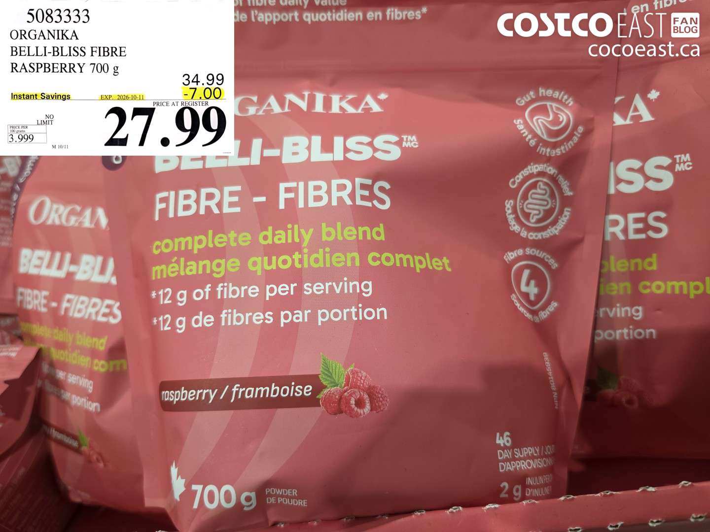 5083333 ORGANIKA BELLI-BLISS FIBRE RASPBERRY 700 G ($7.00 INSTANT SAVINGS EXPIRES ON 2026-10-11) $27.99