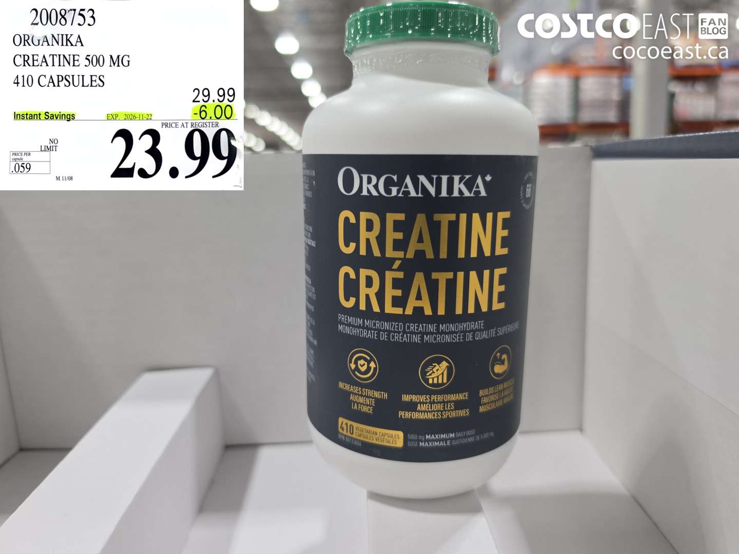 2008753 ORGANIKA CREATINE 500 MG 410 CAPSULES ($6.00 INSTANT SAVINGS EXPIRES ON 2026-11-22) $23.99