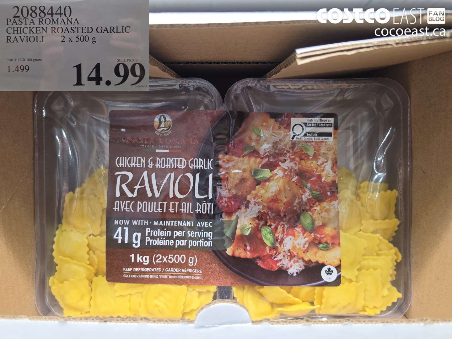 2088440 PASTA ROMANA CHICKEN ROASTED GARLIC RAVIOLI 2 X 500 G $14.99