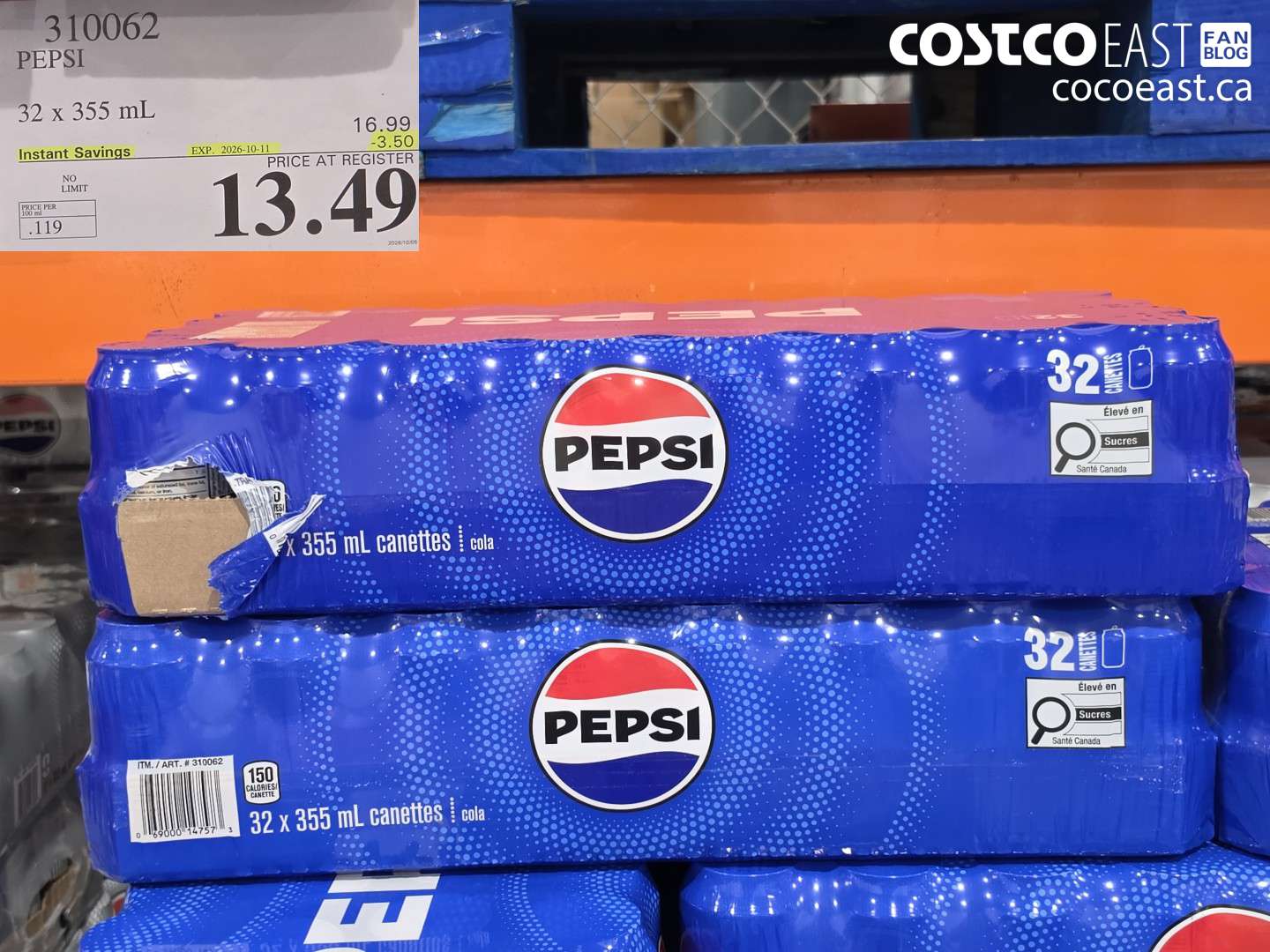 310062 PEPSI 32 X 355 ML ($3.50 INSTANT SAVINGS EXPIRES ON 2026-10-11) $13.49