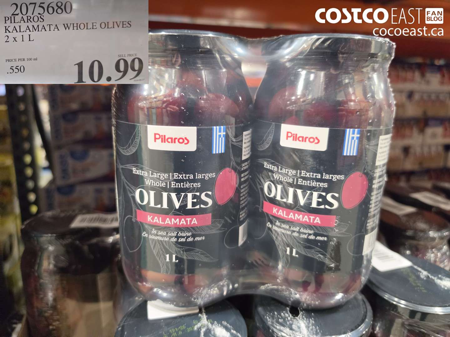 2075680 PILAROS KALAMATA WHOLE OLIVES 2 X 1 L $10.99