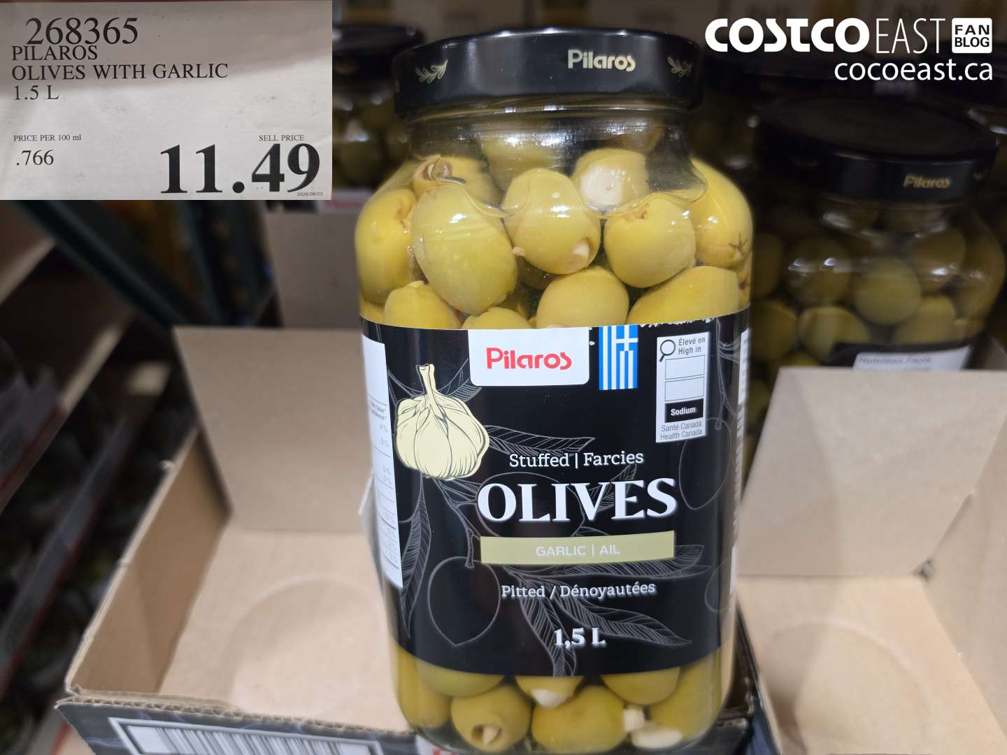 268365 PILAROS OLIVES WITH GARLIC 1.5 L $11.49