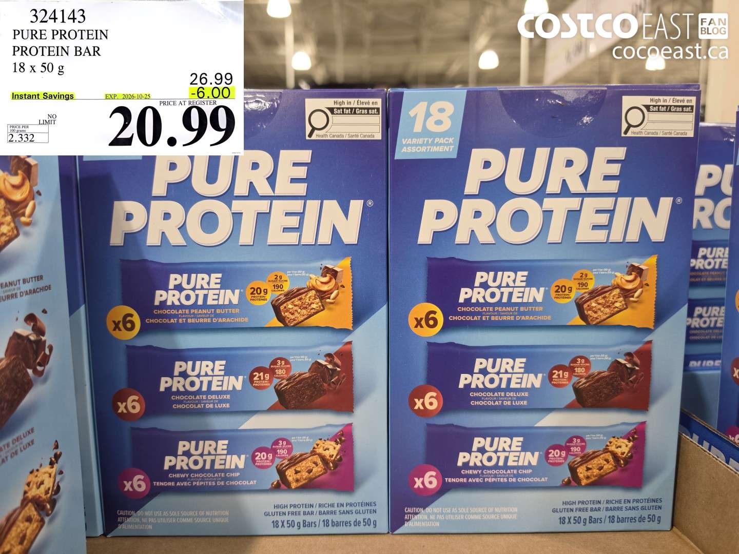 324143 PURE PROTEIN PROTEIN BAR 18 X 50 G ($6.00 INSTANT SAVINGS EXPIRES ON 2026-10-25) $20.99