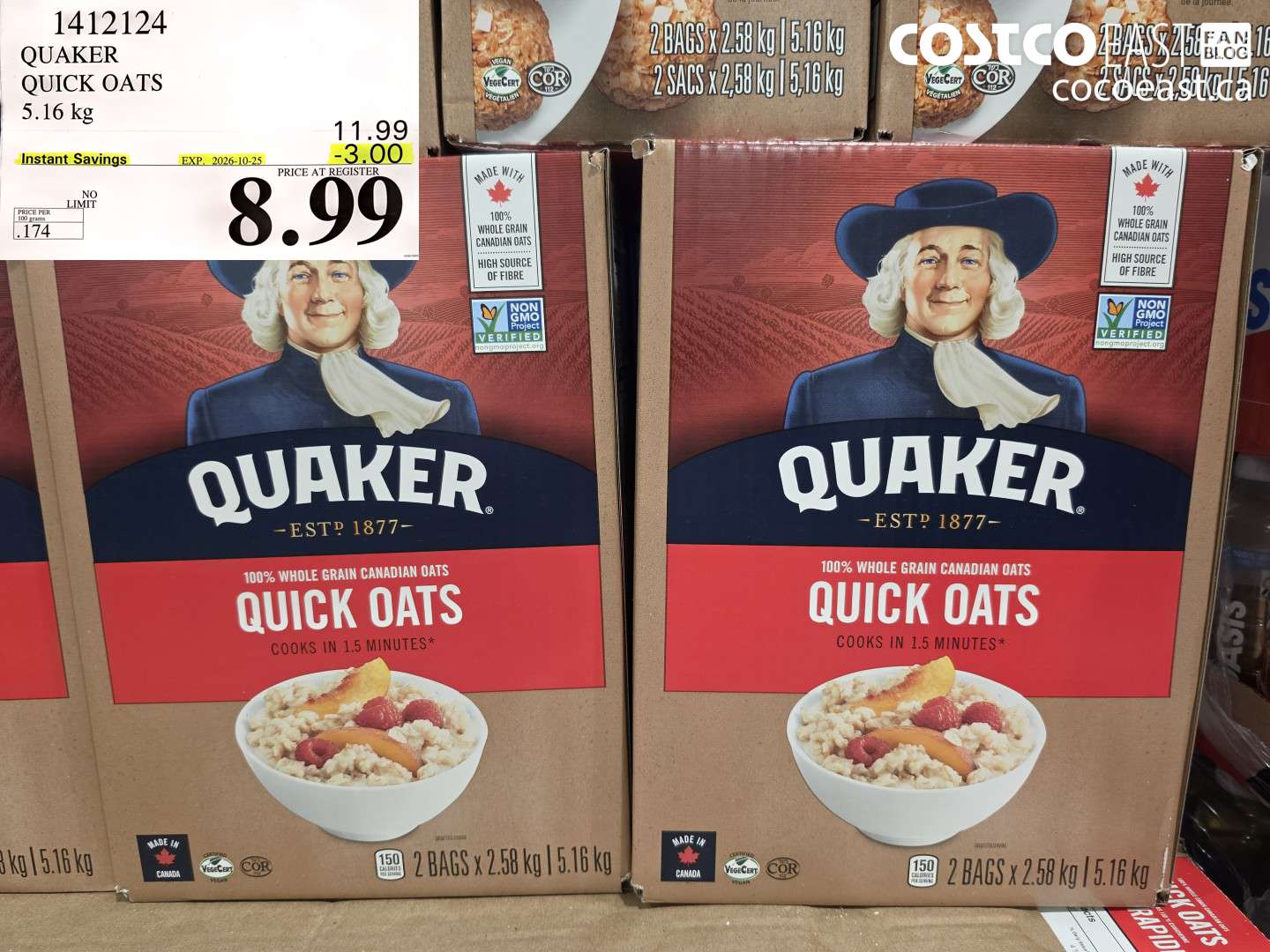 1412124 QUAKER QUICK OATS 5.16 KG ($3.00 INSTANT SAVINGS EXPIRES ON 2026-10-25) $8.99