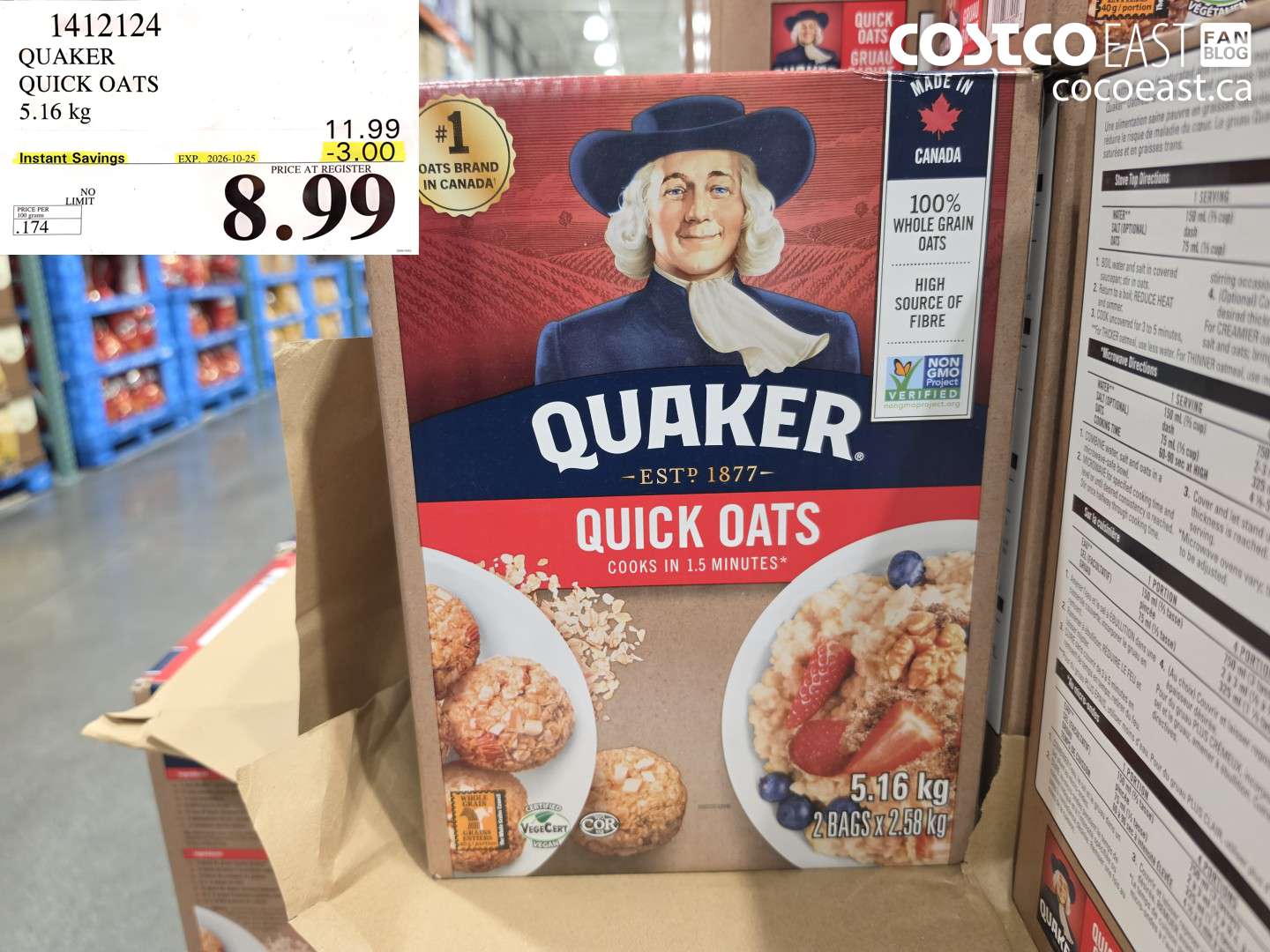 1412124 QUAKER QUICK OATS 5.16 KG ($3.00 INSTANT SAVINGS EXPIRES ON 2026-10-25) $8.99