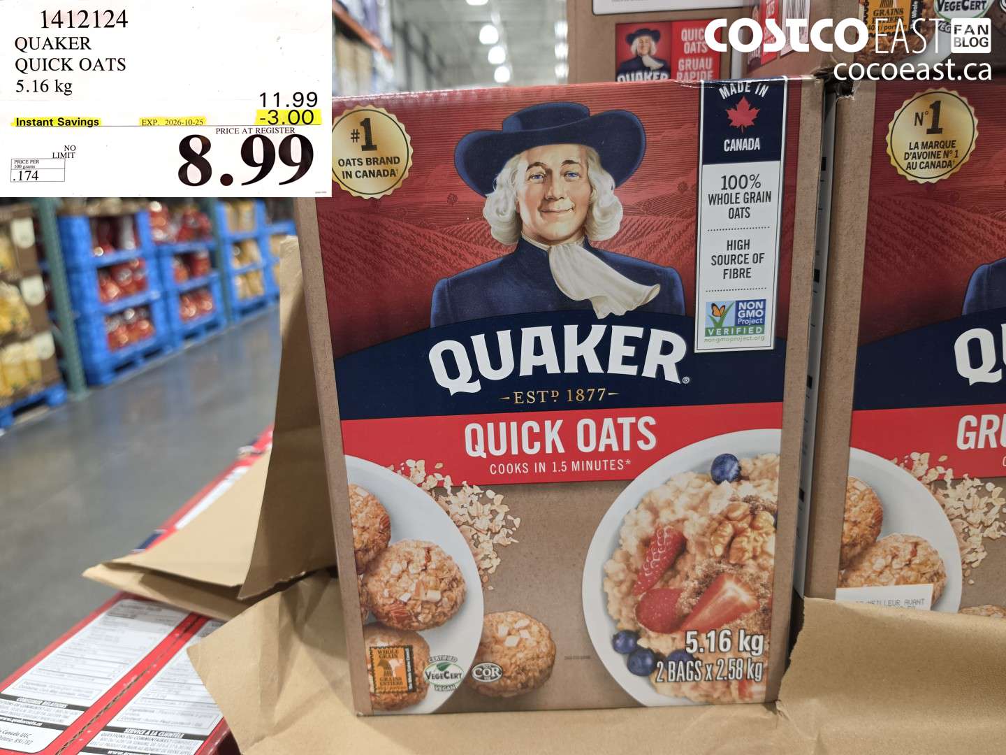 1412124 QUAKER QUICK OATS 5.16 KG ($3.00 INSTANT SAVINGS EXPIRES ON 2026-10-25) $8.99