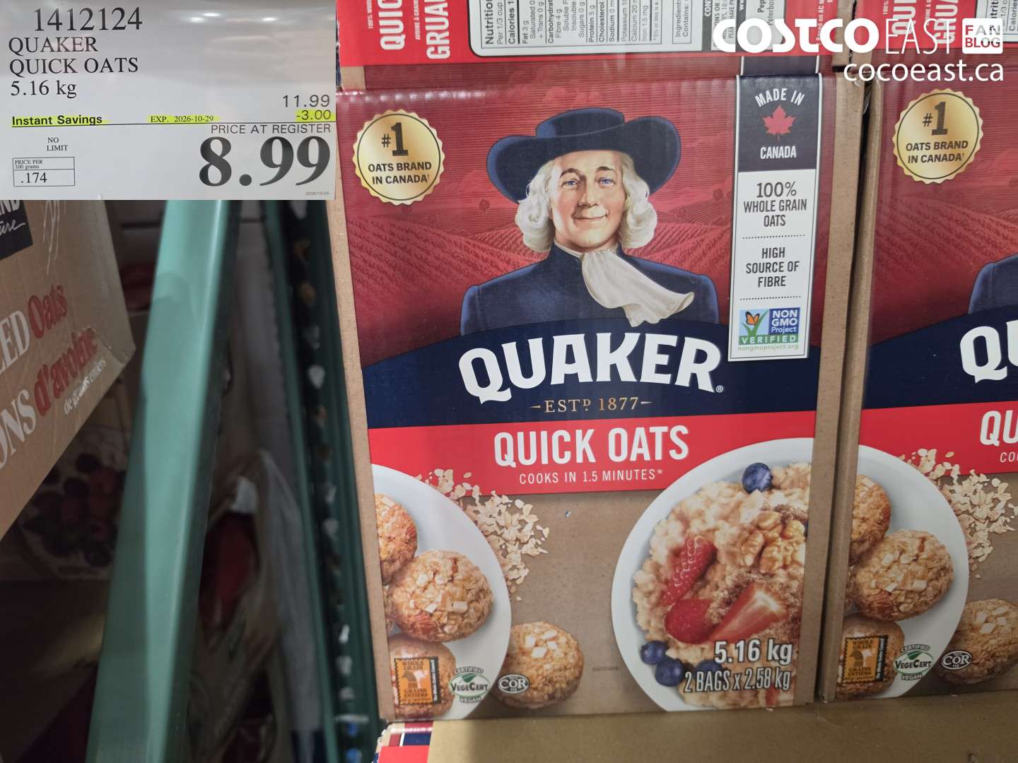 1412124 QUAKER QUICK OATS 5.16 KG ($3.00 INSTANT SAVINGS EXPIRES ON 2026-10-29) $8.99