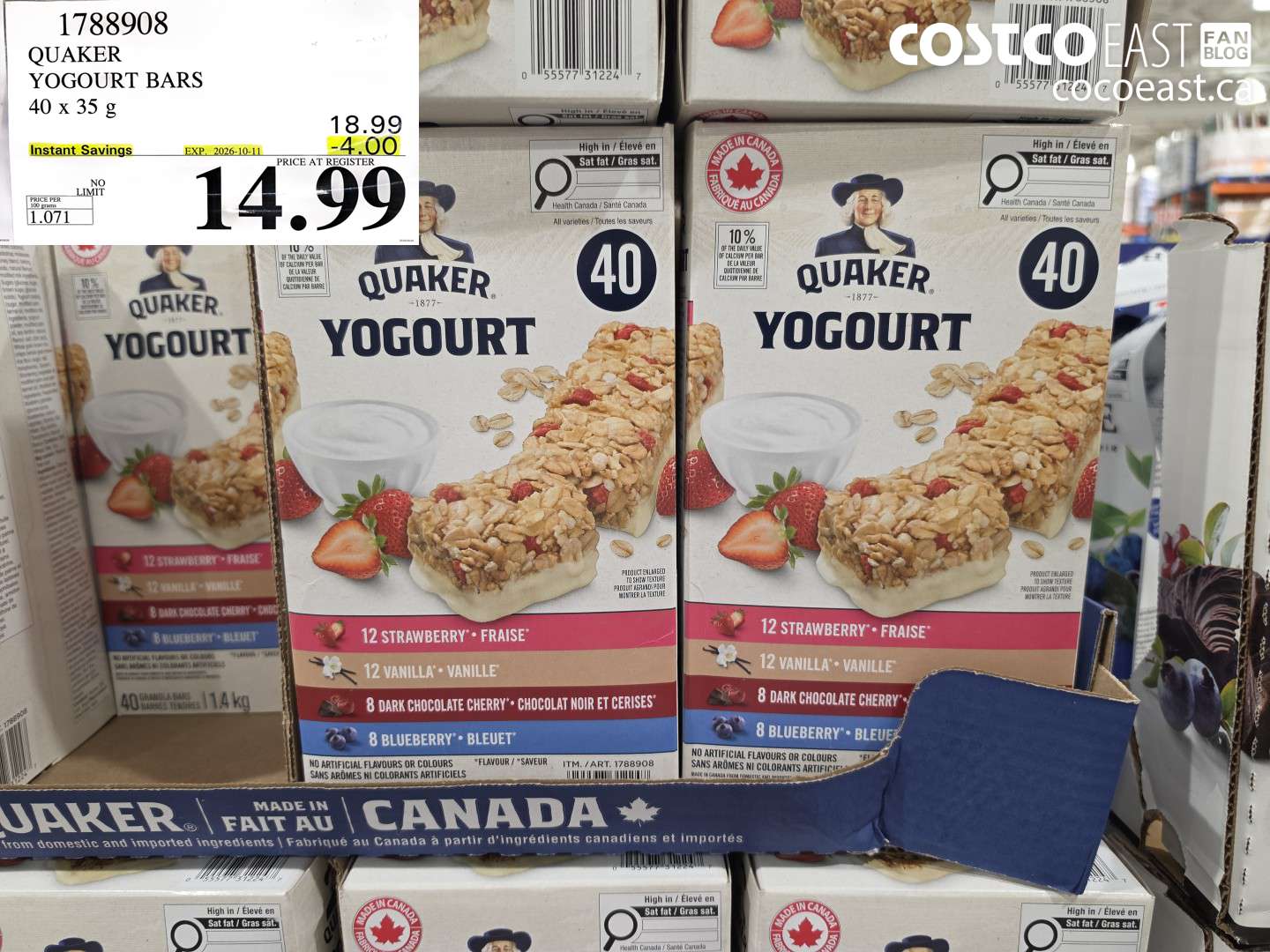 1788908 QUAKER YOGOURT BARS 40 X 35 G ($4.00 INSTANT SAVINGS EXPIRES ON 2026-10-11) $14.99
