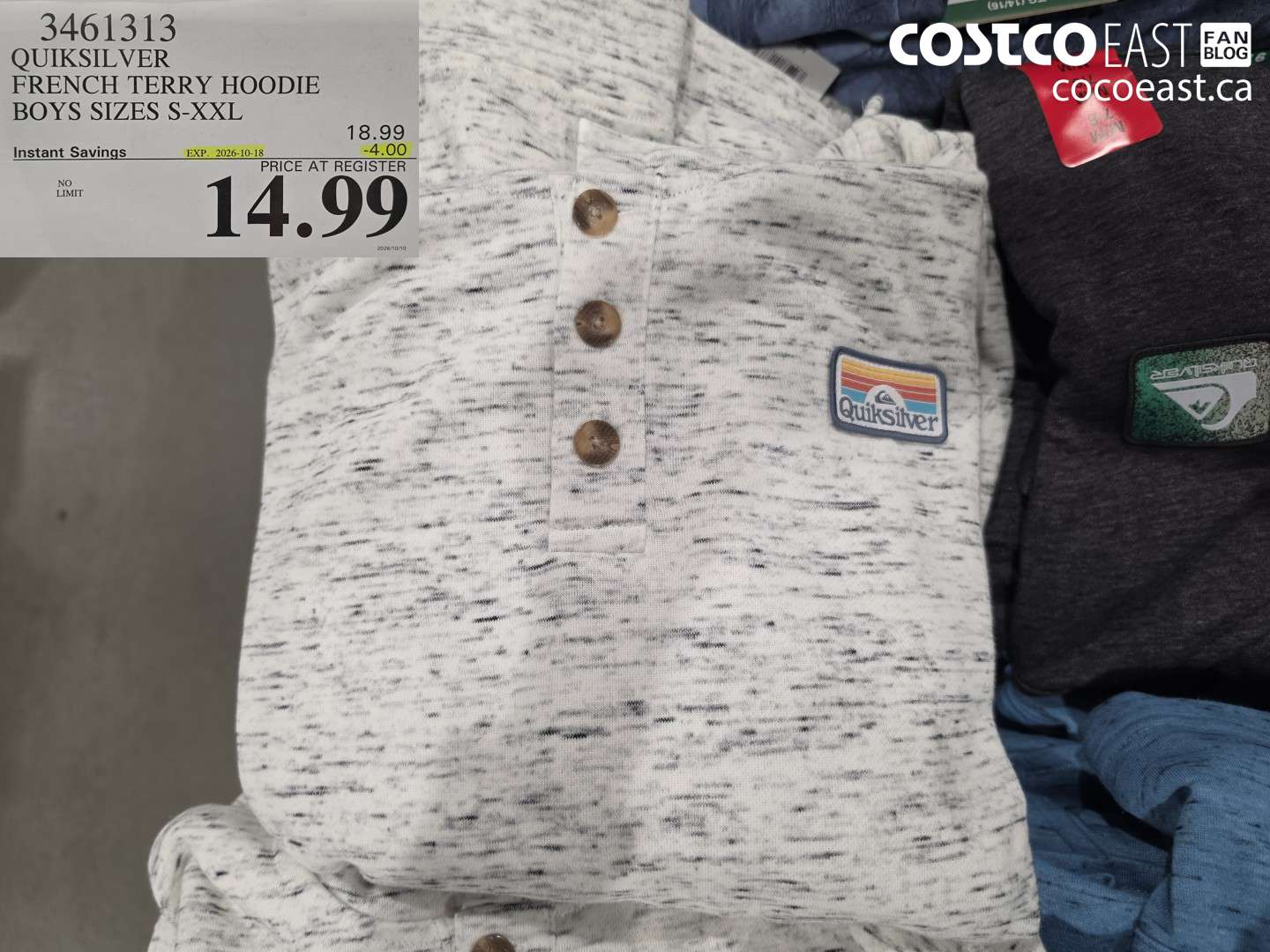 3461313 QUIKSILVER FRENCH TERRY HOODIE BOYS SIZES S-XXL ($4.00 INSTANT SAVINGS EXPIRES ON 2026-10-18) $14.99