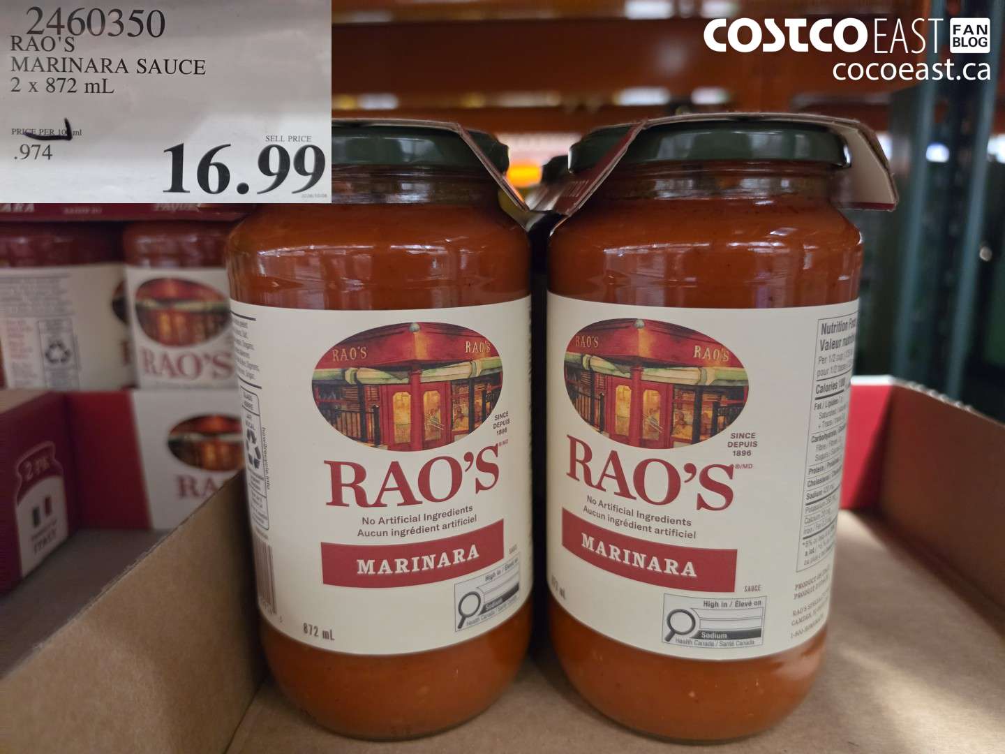 2460350 RAO'S MARINARA SAUCE 2 X 872 ML $16.99