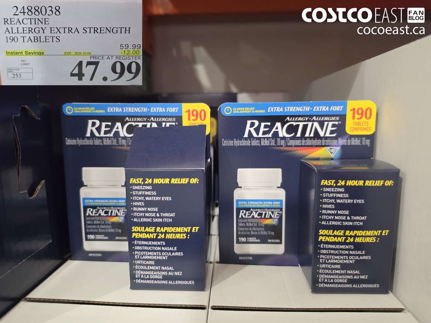 2488038 REACTINE ALLERGY EXTRA STRENGTH 190 TABLETS ($12.00 INSTANT SAVINGS EXPIRES ON 2026-10-04) $47.99