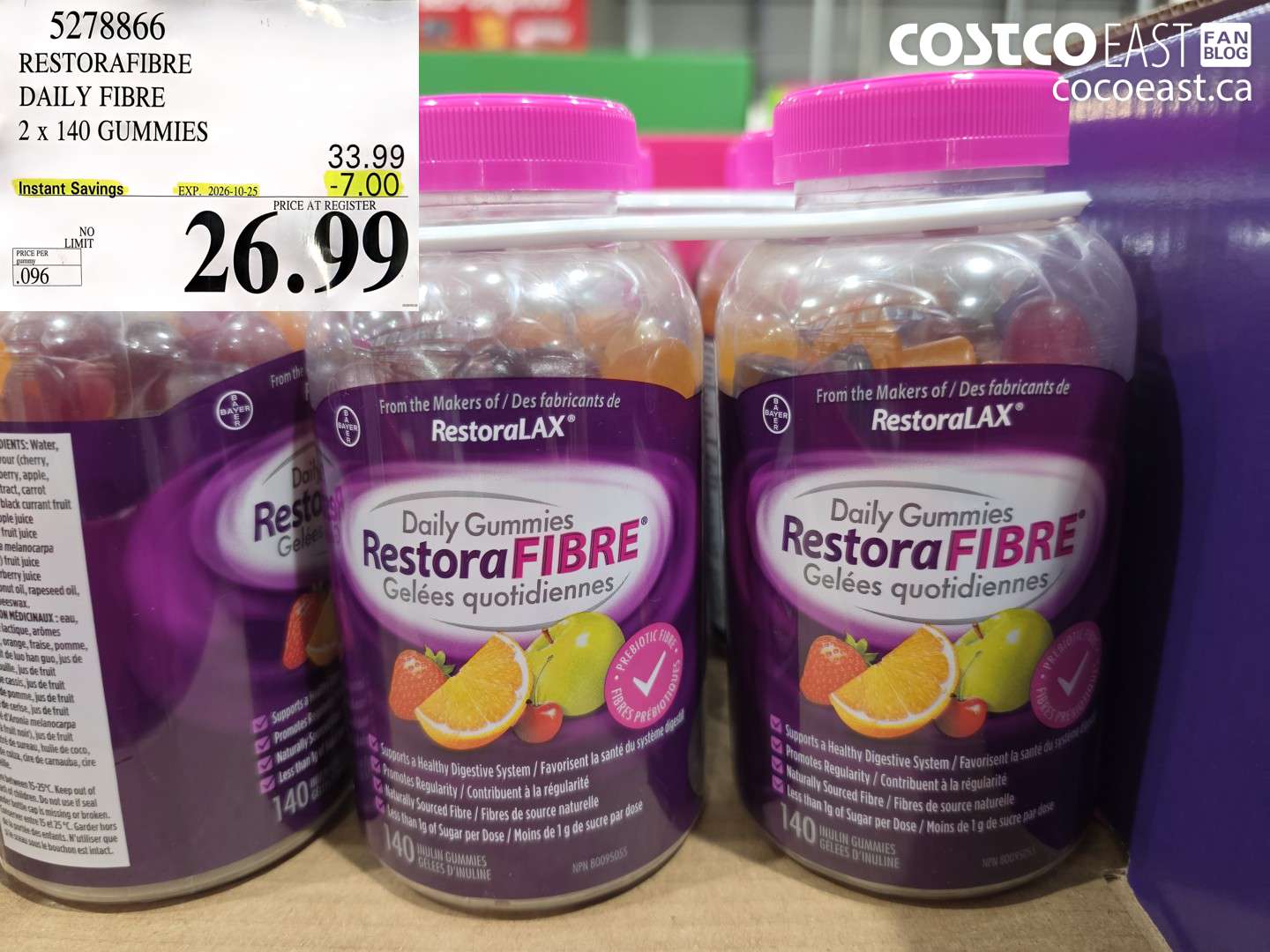 5278866 RESTORAFIBRE DAILY FIBRE 2 X 140 GUMMIES ($7.00 INSTANT SAVINGS EXPIRES ON 2026-10-25) $26.99