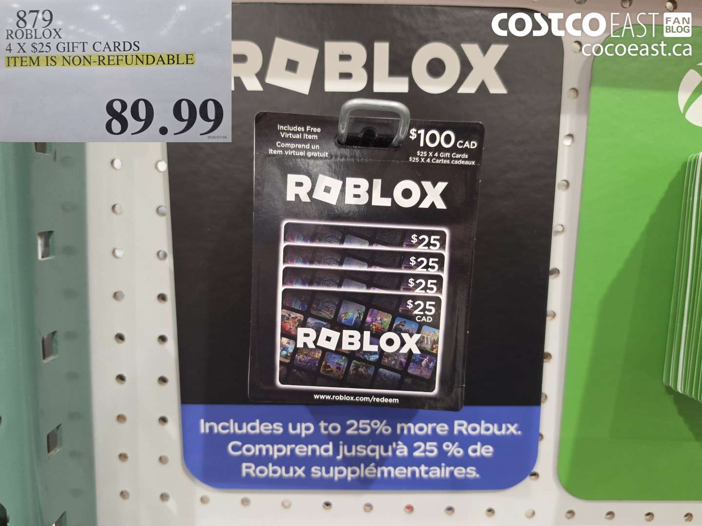 879 ROBLOX 4 X $25 GIFT CARDS $89.99