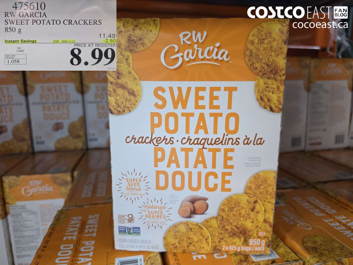 475610 RW GARCIA SWEET POTATO CRACKERS 850 G ($2.50 INSTANT SAVINGS EXPIRES ON 2026-11-22) $8.99