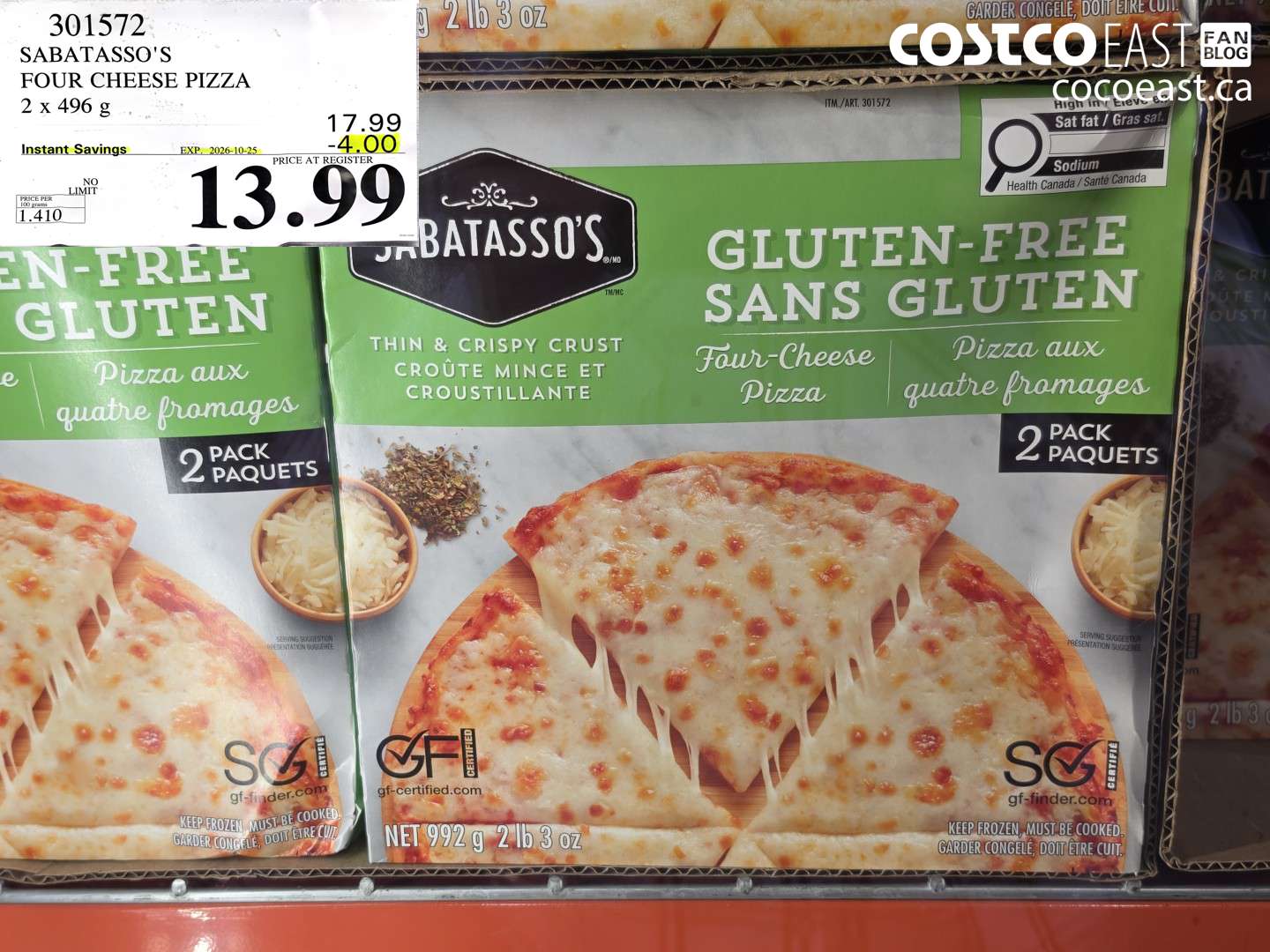 301572 SABATASSO'S FOUR CHEESE PIZZA 2 X 496 G ($4.00 INSTANT SAVINGS EXPIRES ON 2026-10-25) $13.99